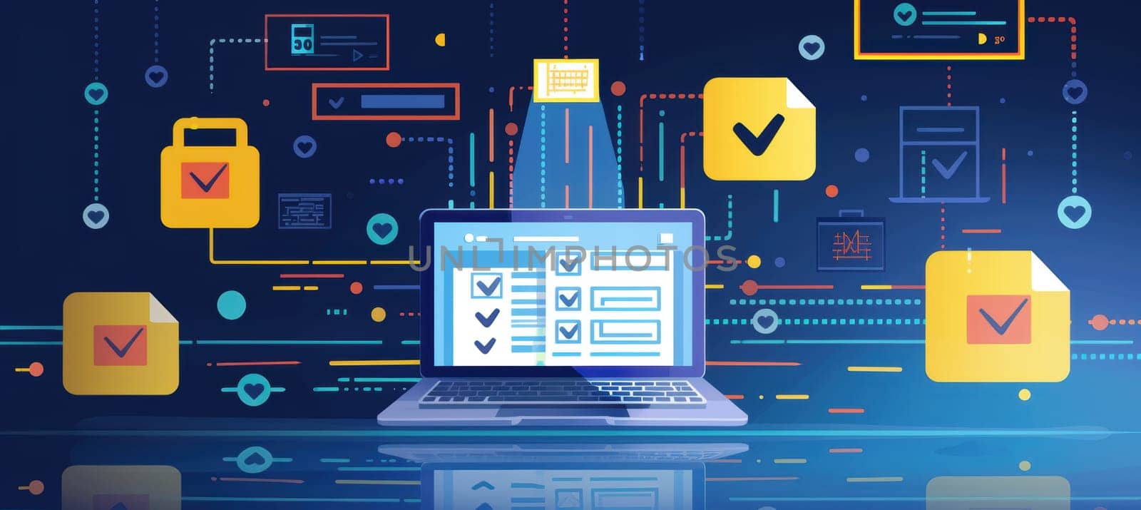 Illustrated digital banner online voter registration with a laptop displaying a registration form, surrounded by icons symbolizing security, check marks, and internet connectivity. emphasizes civic engagement and digital security.