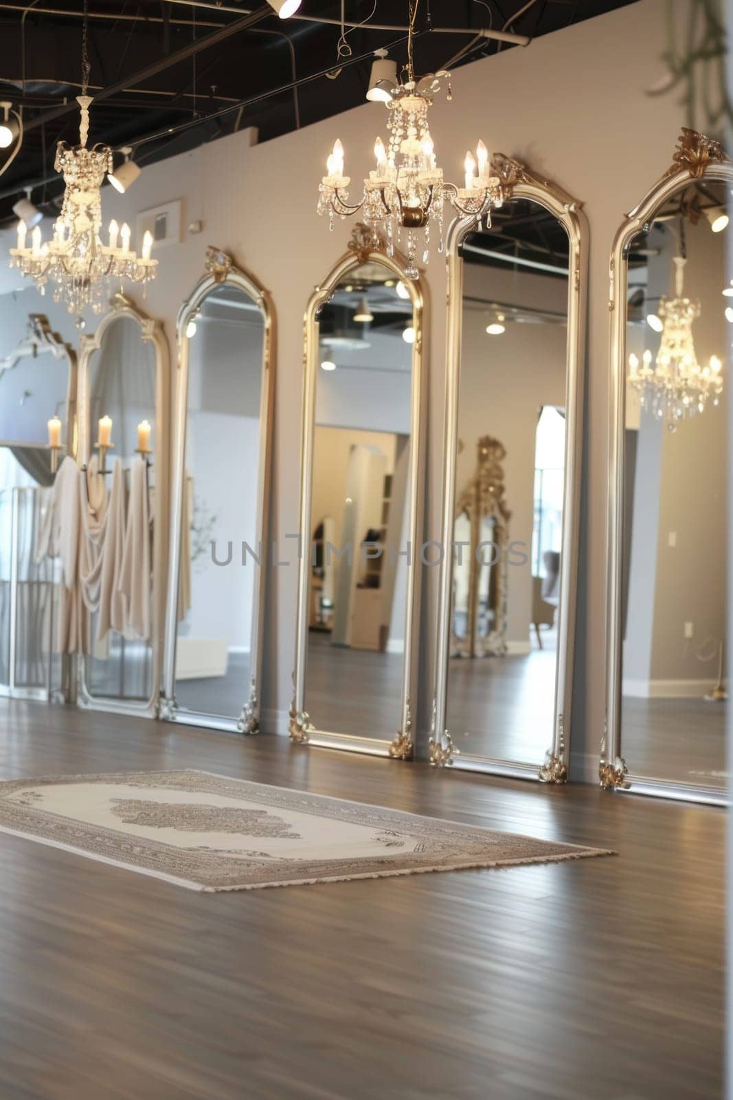 Elegant dance studio featuring stylish mirrors, floral arrangements, and chic decor, creating a welcoming atmosphere. suitable for dance classes, rehearsals, and performances. the modern design promotes creativity and movement.
