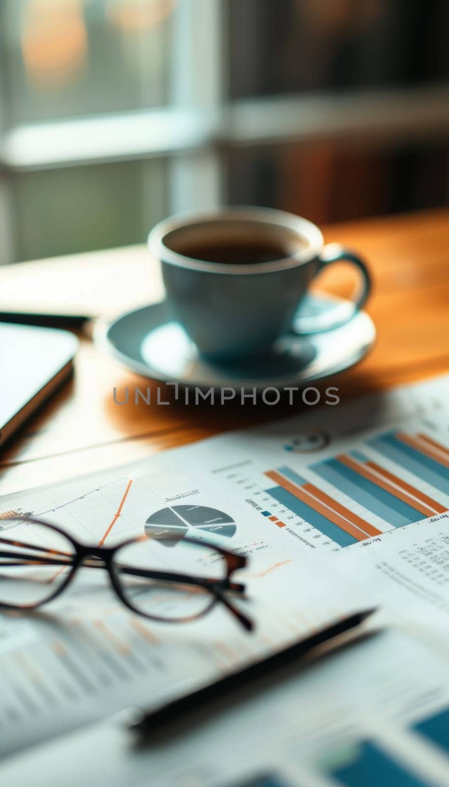 Financial documents showcasing detailed charts and graphs lie on a wooden desk, accompanied by a pair of glasses and a cup of coffee. natural light from a nearby window illuminates the workspace, suggesting a thoughtful planning session.