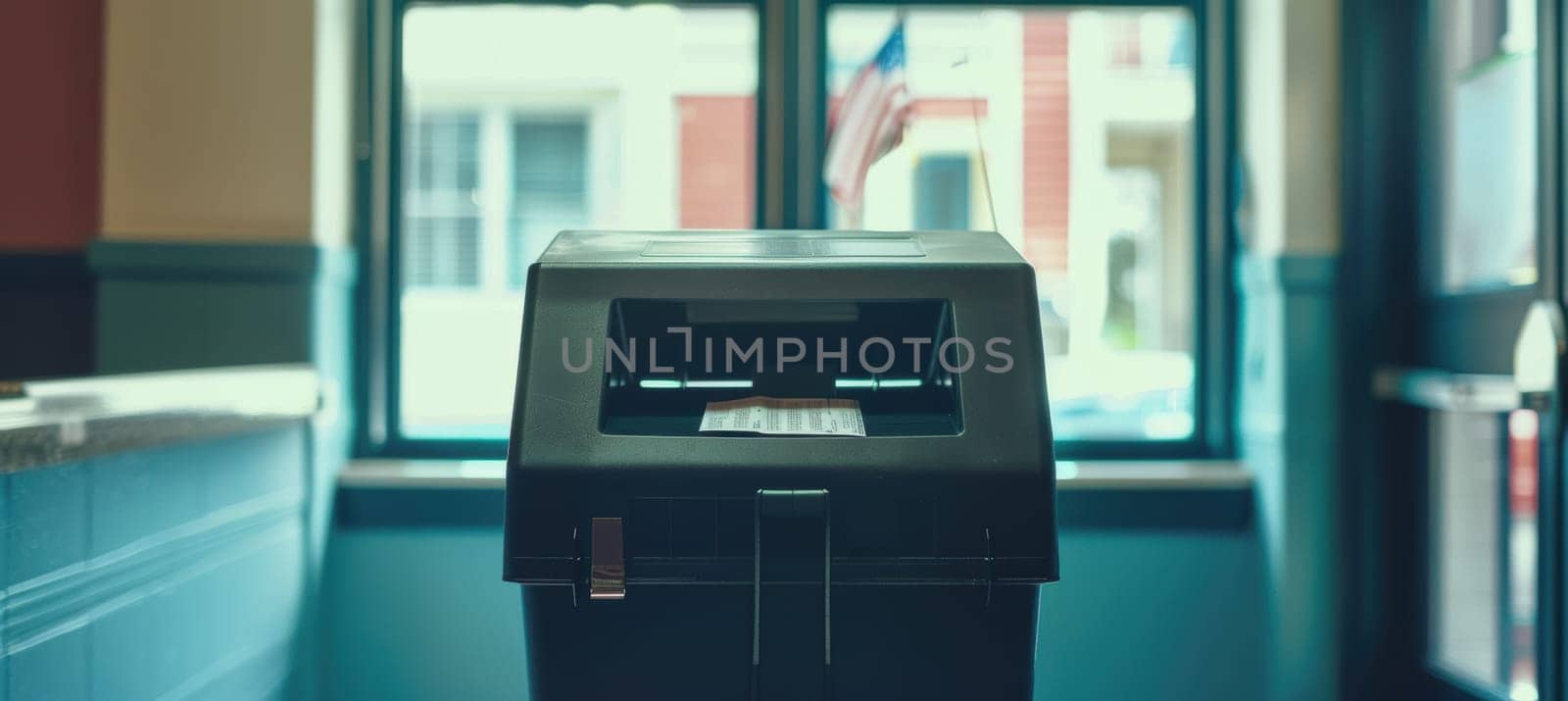 Digital banner ad absentee voting with a secure ballot drop box and a call to action to vote by mail. the background features a softly lit american flag, emphasizing civic duty and voter participation.