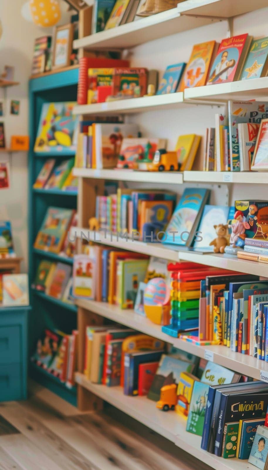 A lively children's bookstore adorned with vibrant books and whimsical decorations, creating a welcoming and fun environment. the playful design invites young readers to explore the diverse collection on neatly organized shelves.