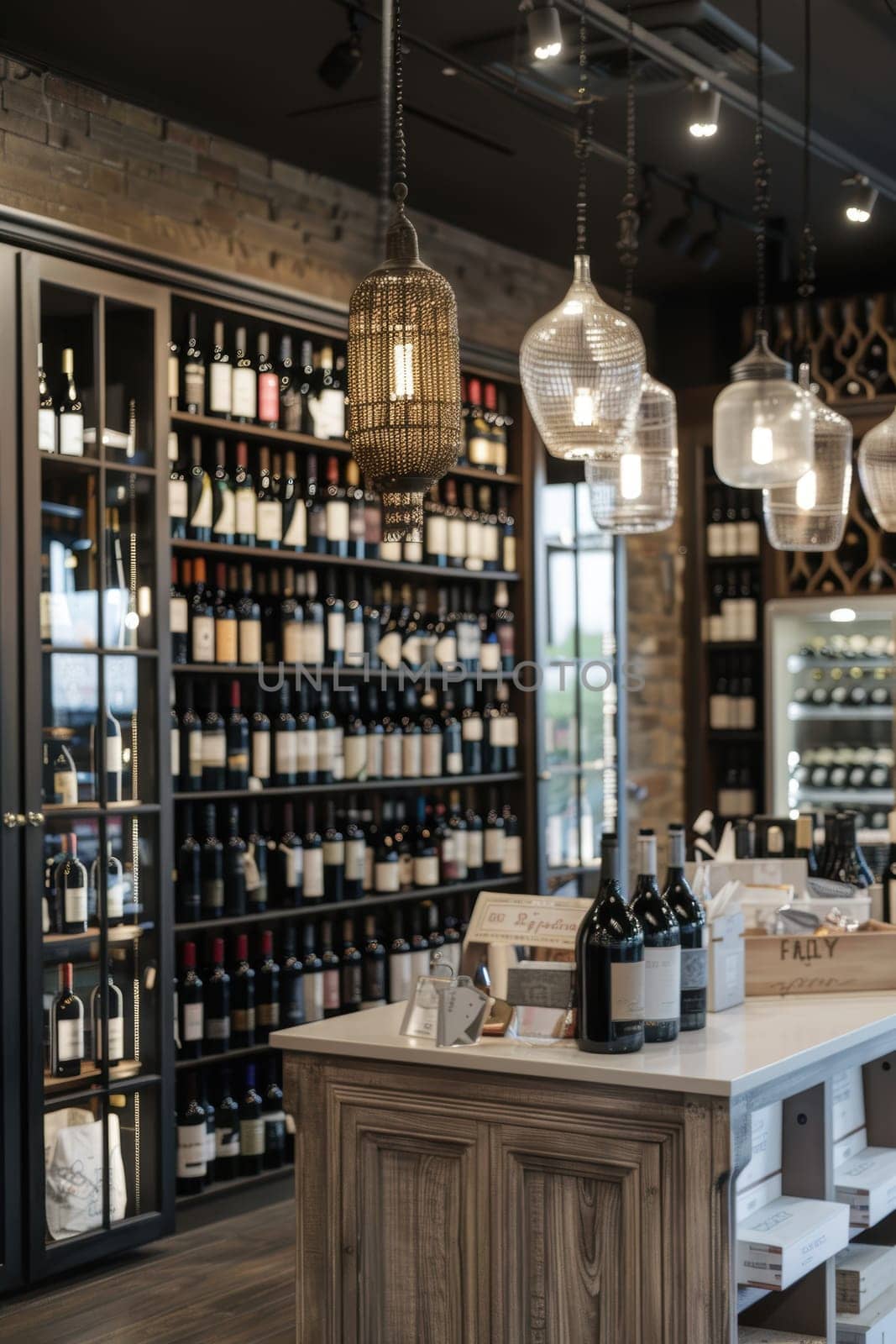 A chic wine shop showcases an inviting atmosphere with a focus on high-quality wines. the display features elegant wine racks and sophisticated decor, reflecting the dedication of a small business owner to create a luxurious retail experience.