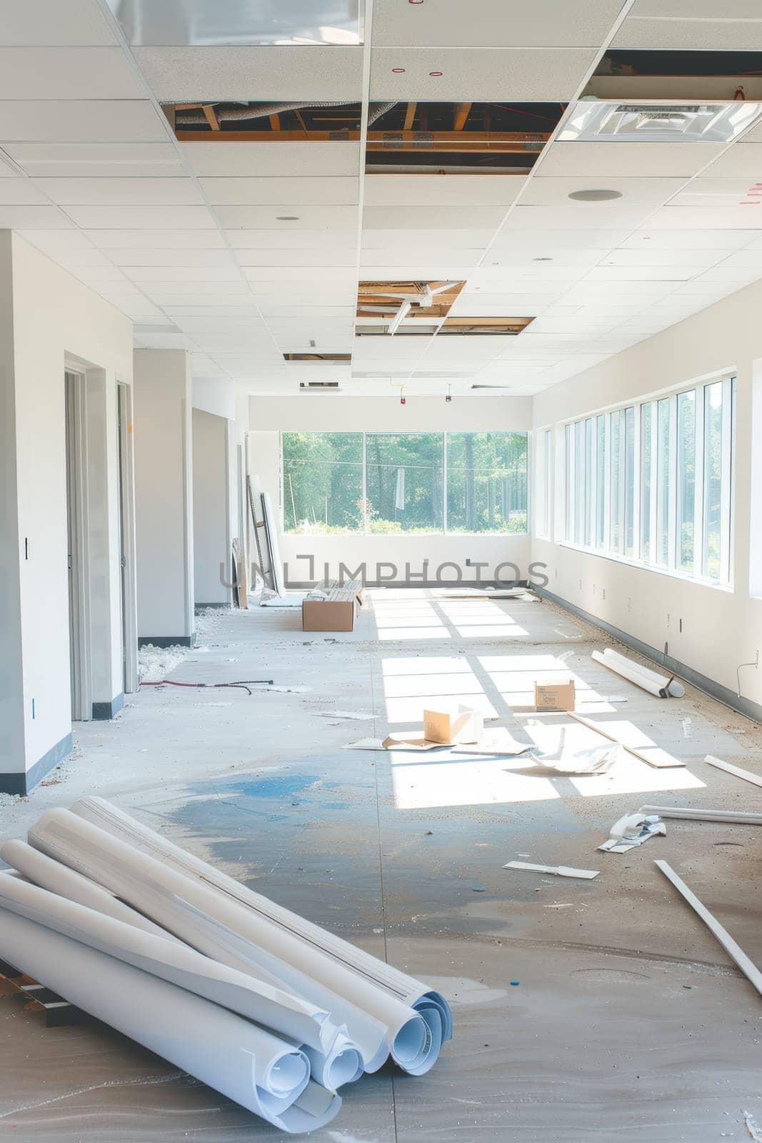 Bright, modern office space showcases professionals collaborating over architectural blueprints for renovation. open floor plan with unfinished ceiling and floor detailing, design and construction elements in a light-filled setting.