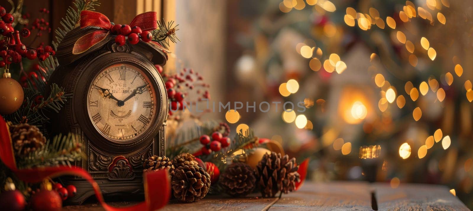 Mantel clock strikes midnight surrounded by festive decorations, pinecones, and warm ribbons. a cozy fire glows in the background with christmas stockings, creating a festive and inviting holiday atmosphere.