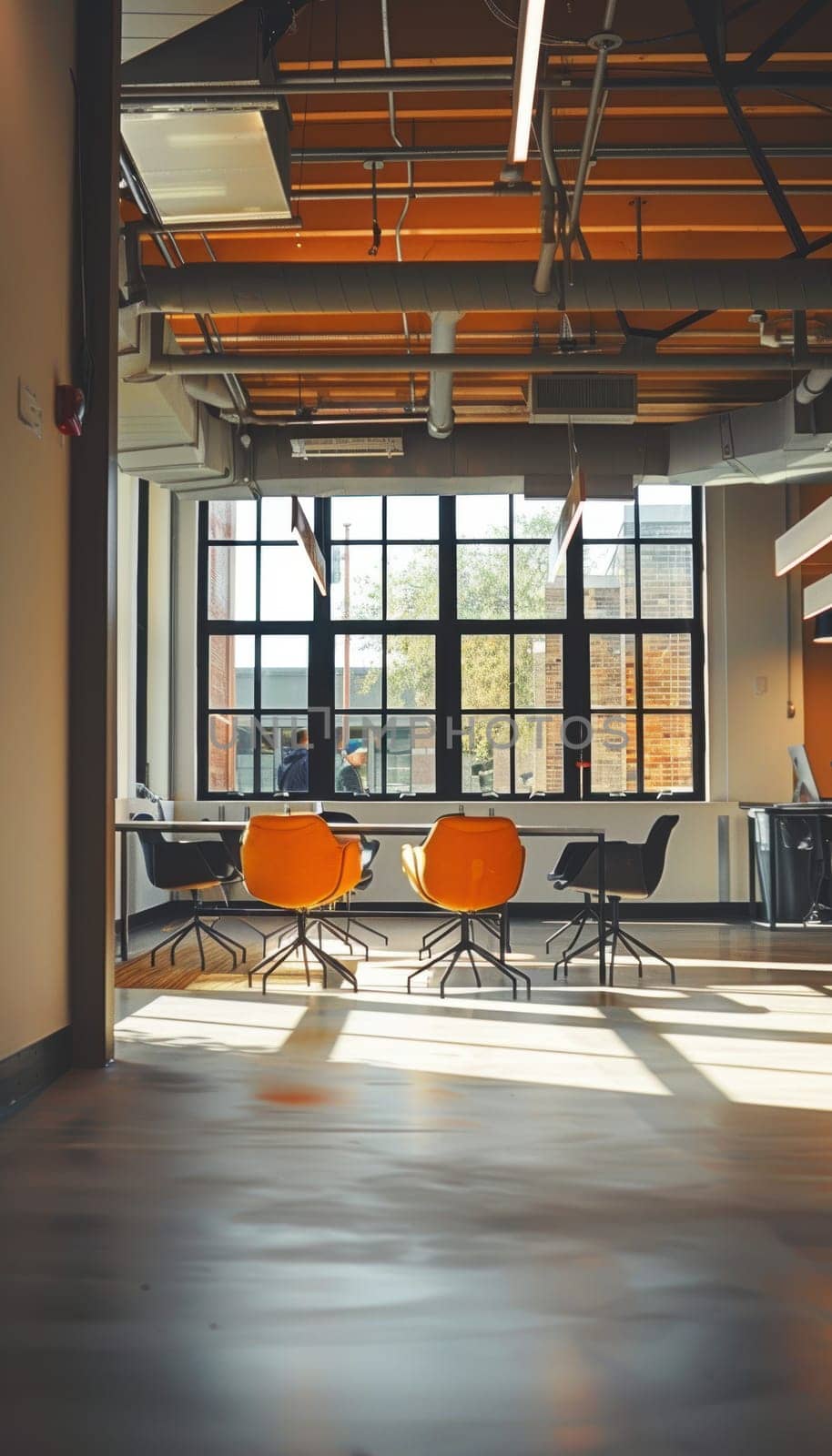 Spacious office interior featuring a group of professionals, including an architect and construction manager, engaged in project discussions. the area is well-lit with natural light, contemporary design and large windows.