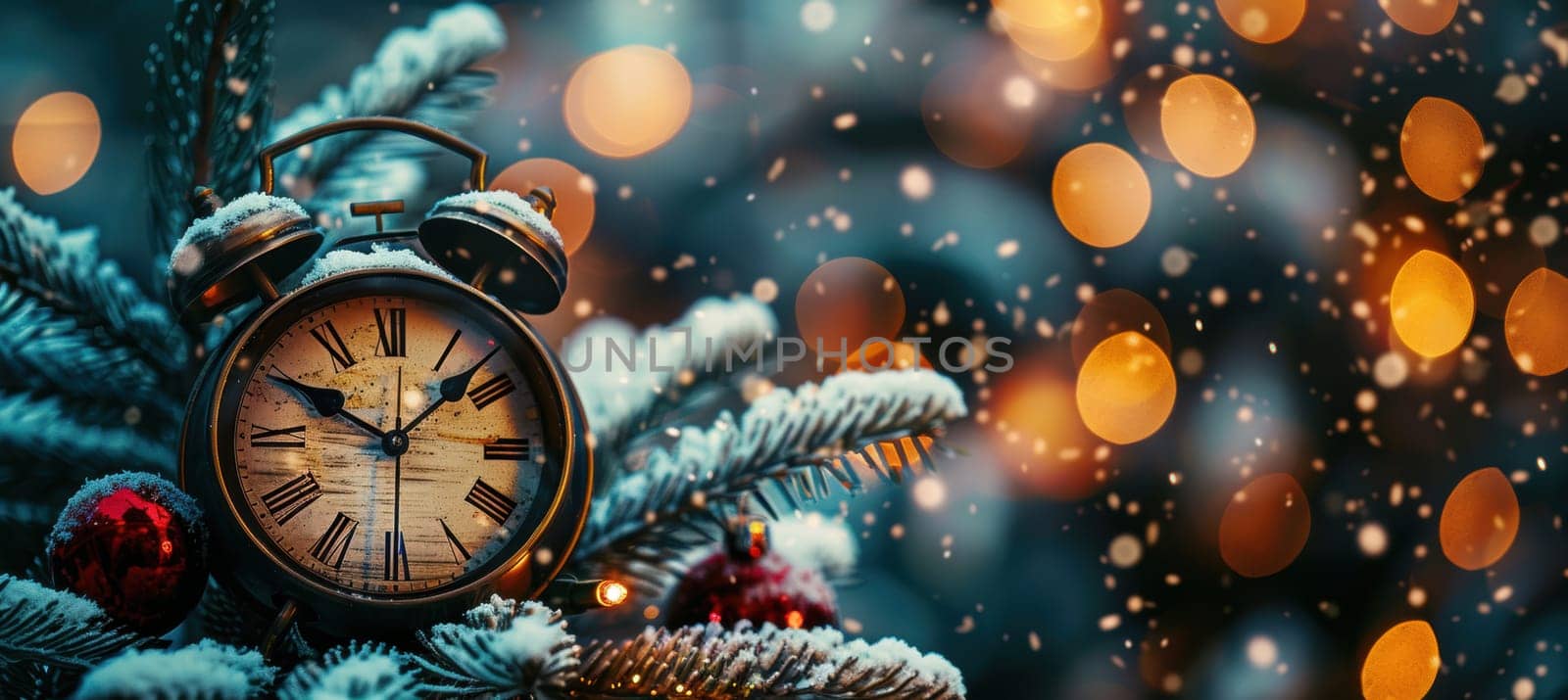A sophisticated christmas scene showcasing a classic clock at midnight surrounded by festive holiday decorations. featuring a beautifully adorned christmas tree and a backdrop of twinkling lights, ideal for elegant seasonal promotions.