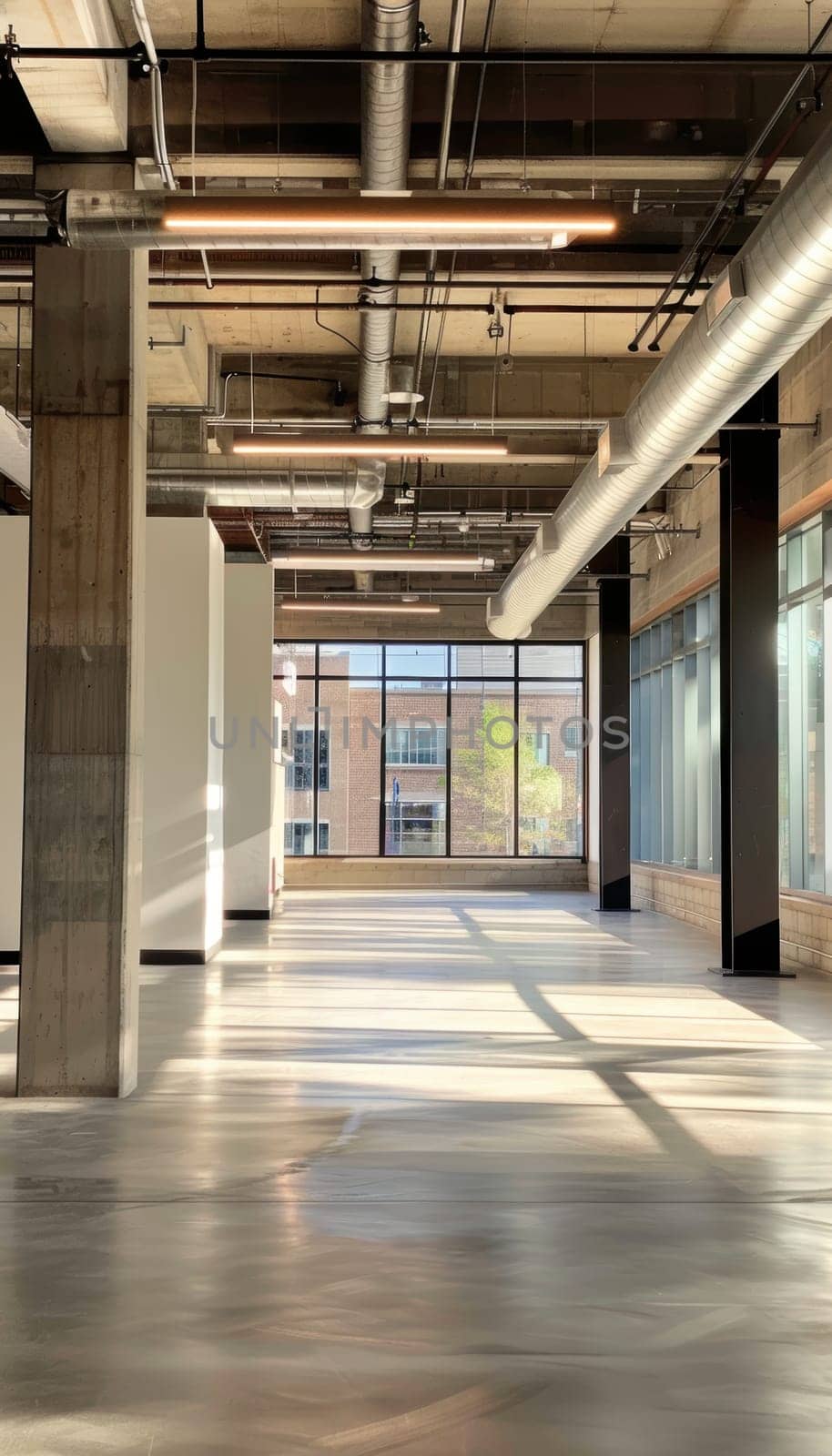 Spacious modern office featuring natural light and industrial decor. professionals, including an architect and construction manager, collaborate over project plans, fostering a dynamic and creative working environment.