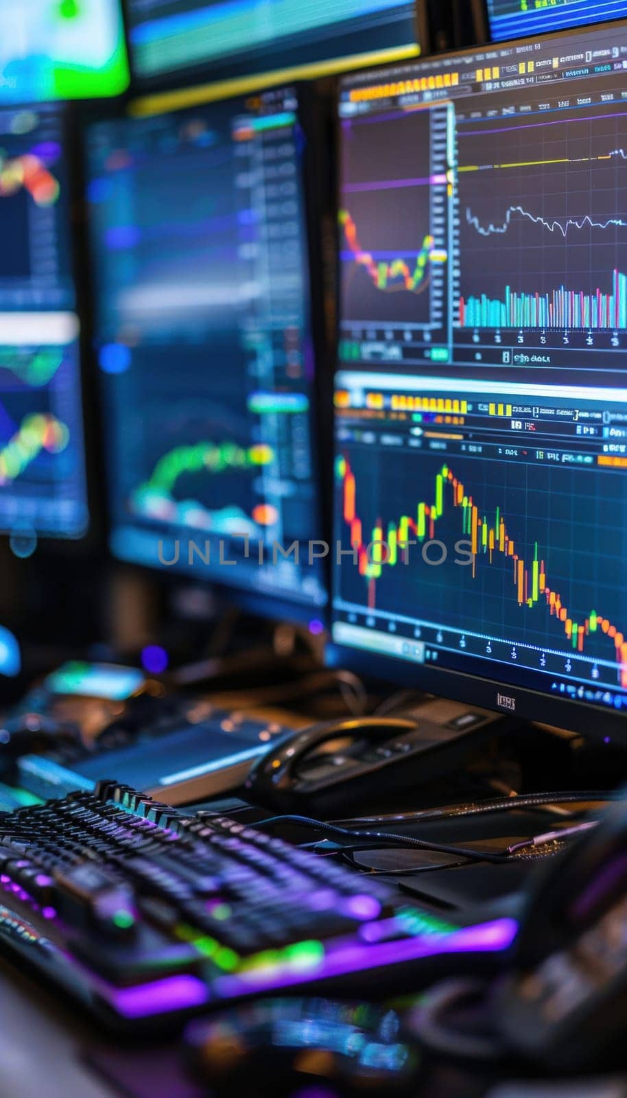 Financial analyst's workspace featuring multiple computer screens displaying intricate stock market data and graphs. the high-tech setup emphasizes data analysis, with a focus on market trends, trading, and financial strategies.