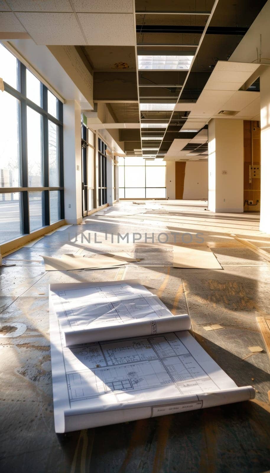 Bright, contemporary office space under renovation, featuring a construction manager and professional team discussing architectural plans with an architect. drawings and safety helmet on a table emphasize collaboration and planning.