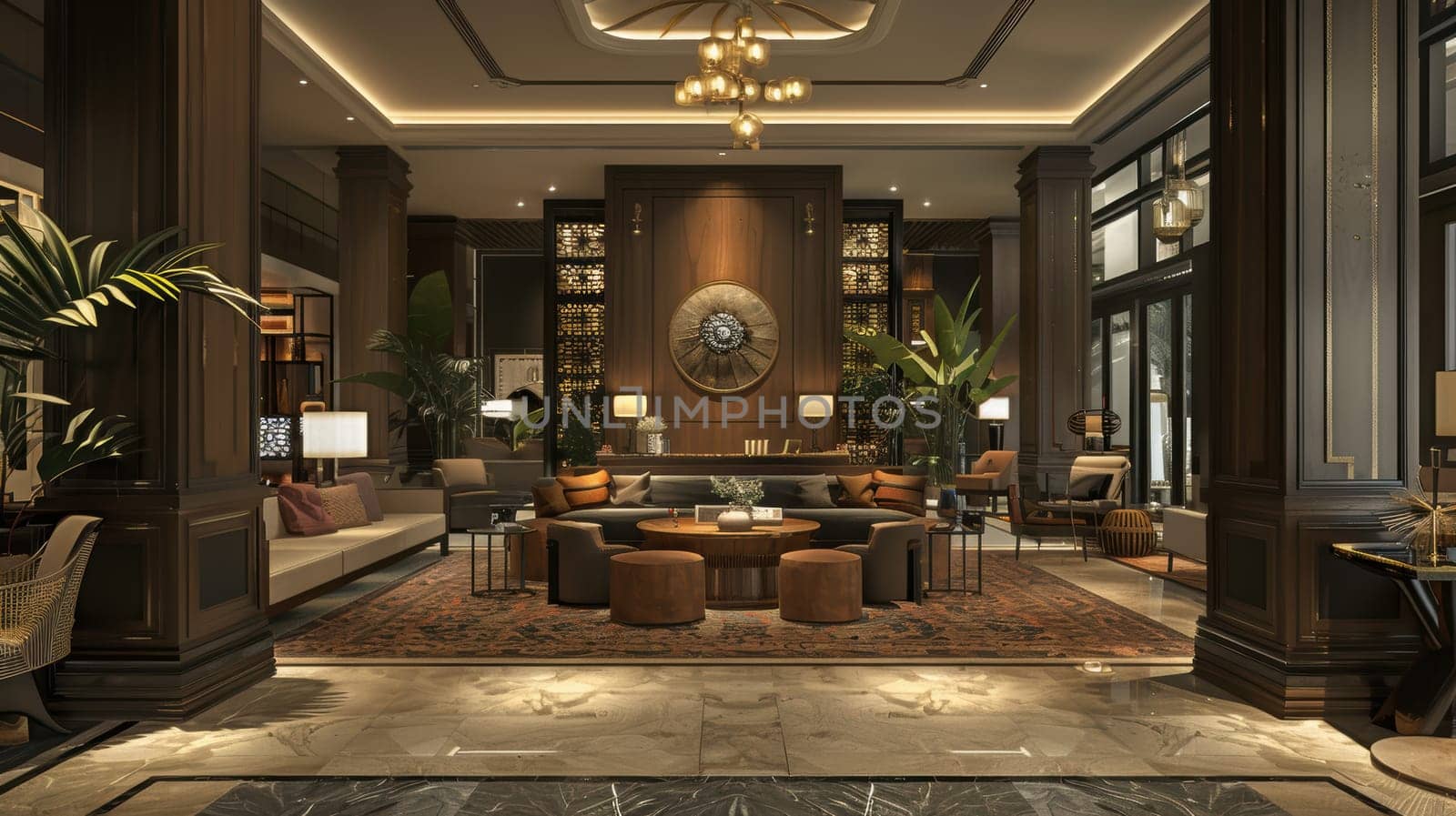 Luxurious hotel lobby featuring elegant sofas, a central round table, and intricate decor. large windows brighten the space, while woven pendant lights and lush plants add warmth. ideal for attracting guests seeking a premium experience.