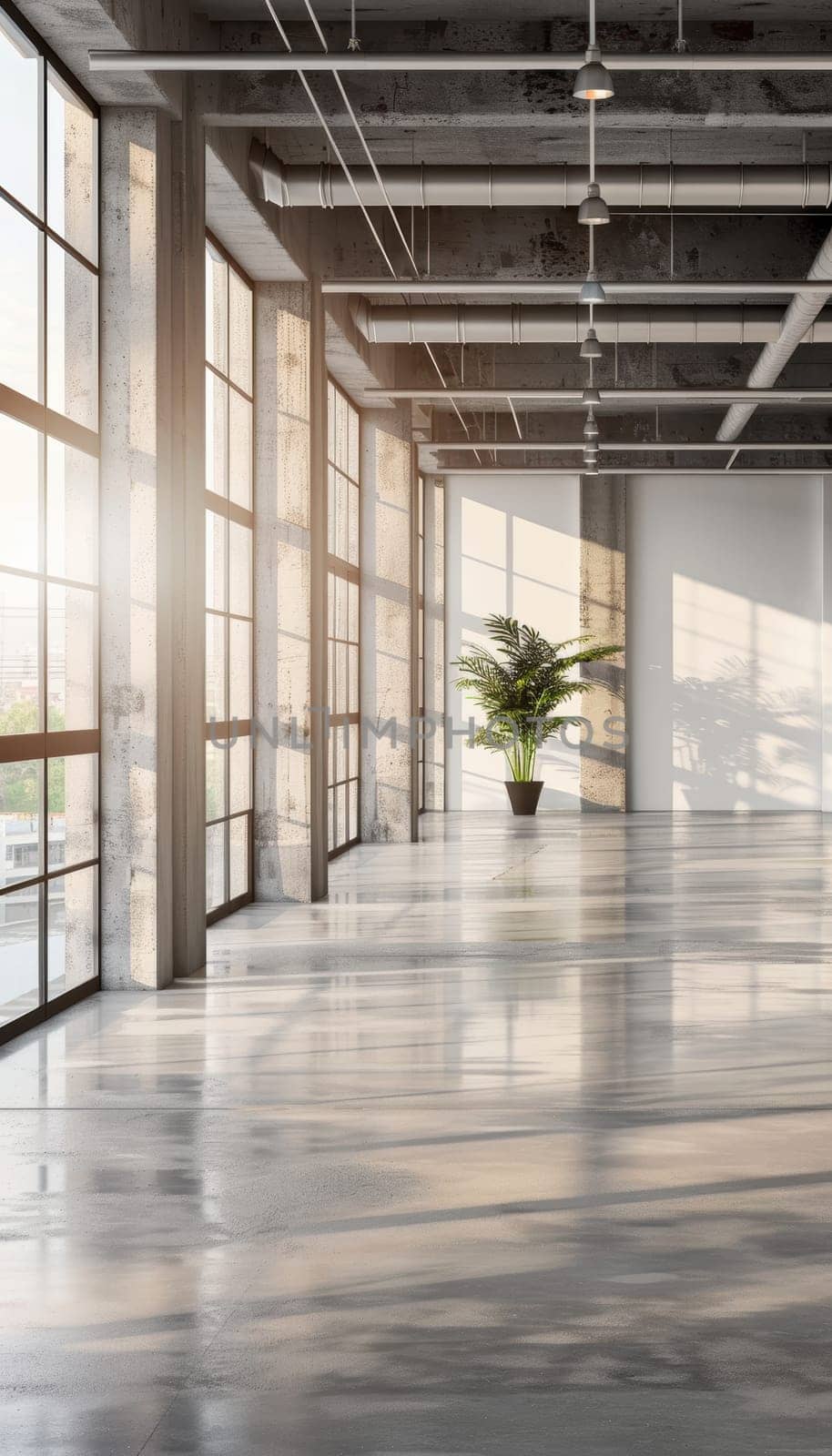 A spacious, light-filled office environment features expansive windows, concrete floors, and modern lighting. ideal for professionals meeting to discuss new project plans, enhancing collaboration and creativity in a contemporary setting.
