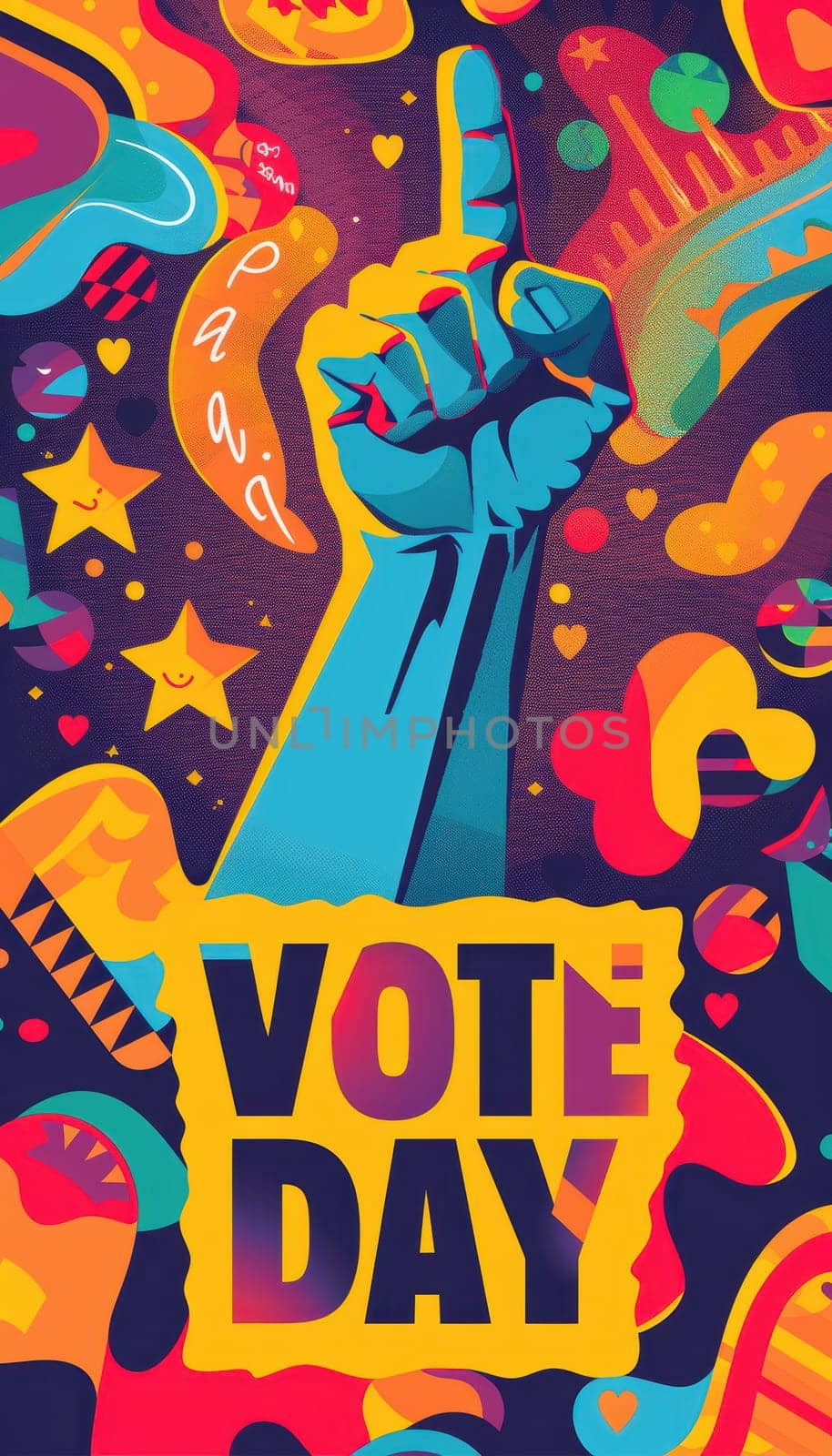 Bold poster design for election day with vibrant colors promoting voting and community participation. features dynamic graphics including a stylized hand gesture, stars, and motivational text, ideal for print and digital campaigns.