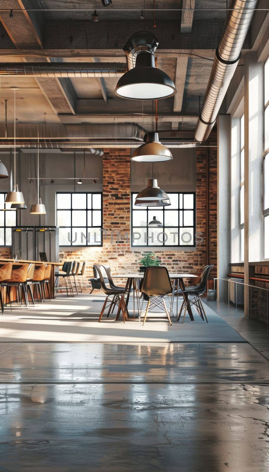 A spacious office with a modern, industrial design features large windows allowing natural light. the setting includes desks and seating areas for professionals, fostering collaboration and creativity in a stylish workspace.