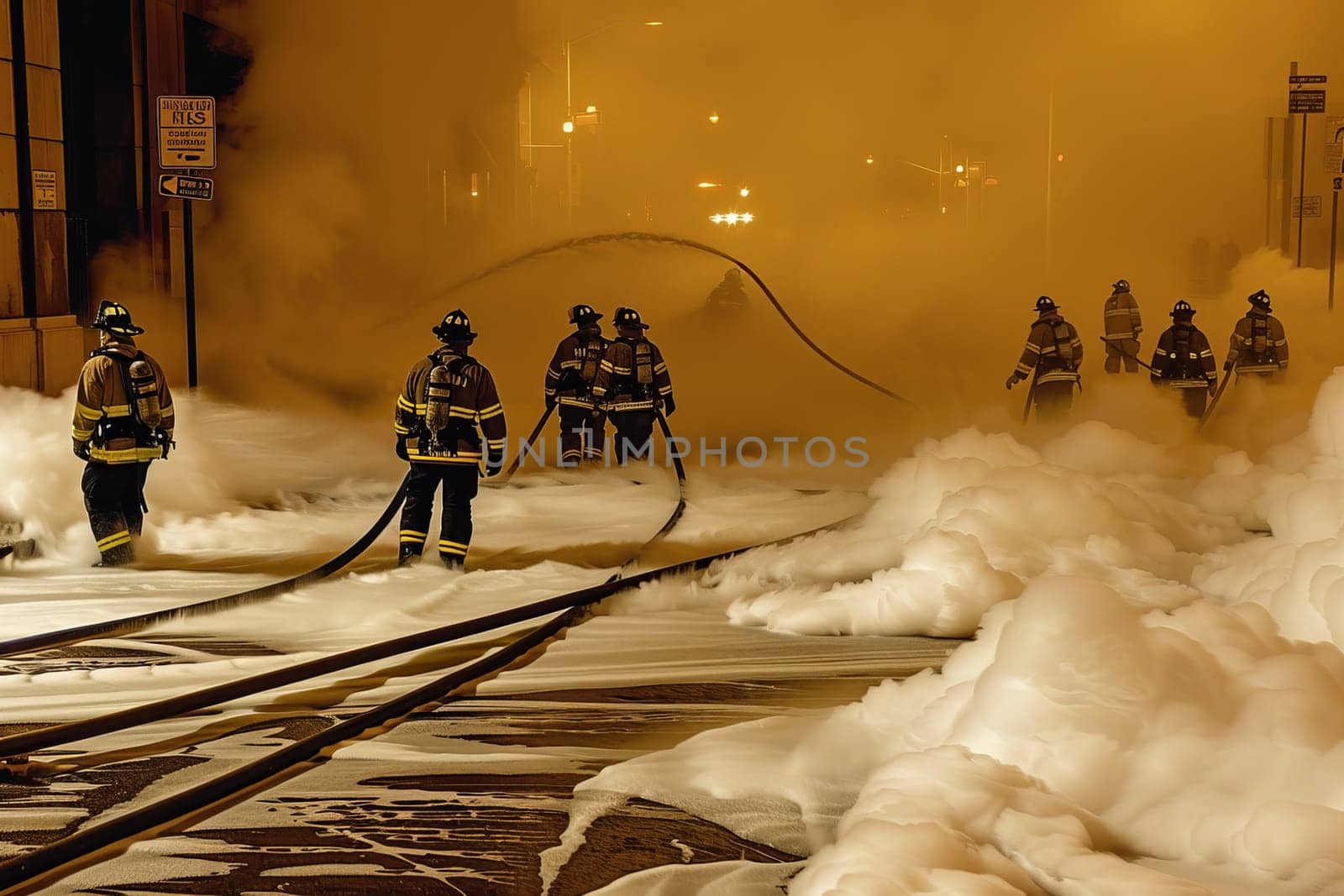 Firefighters battling urban fire using foam at night.