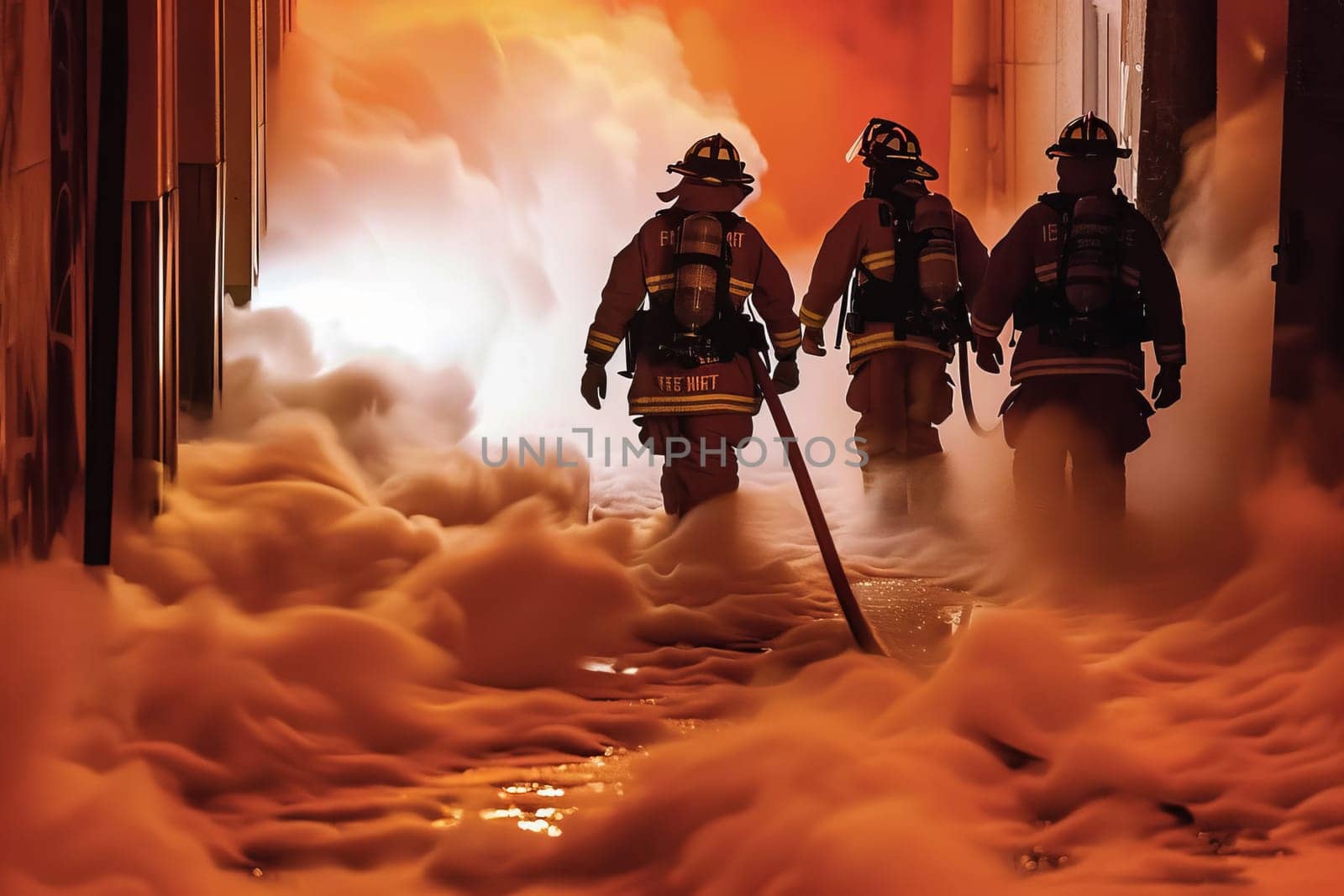 Firefighters battling blaze with foam in intense emergency response scene.