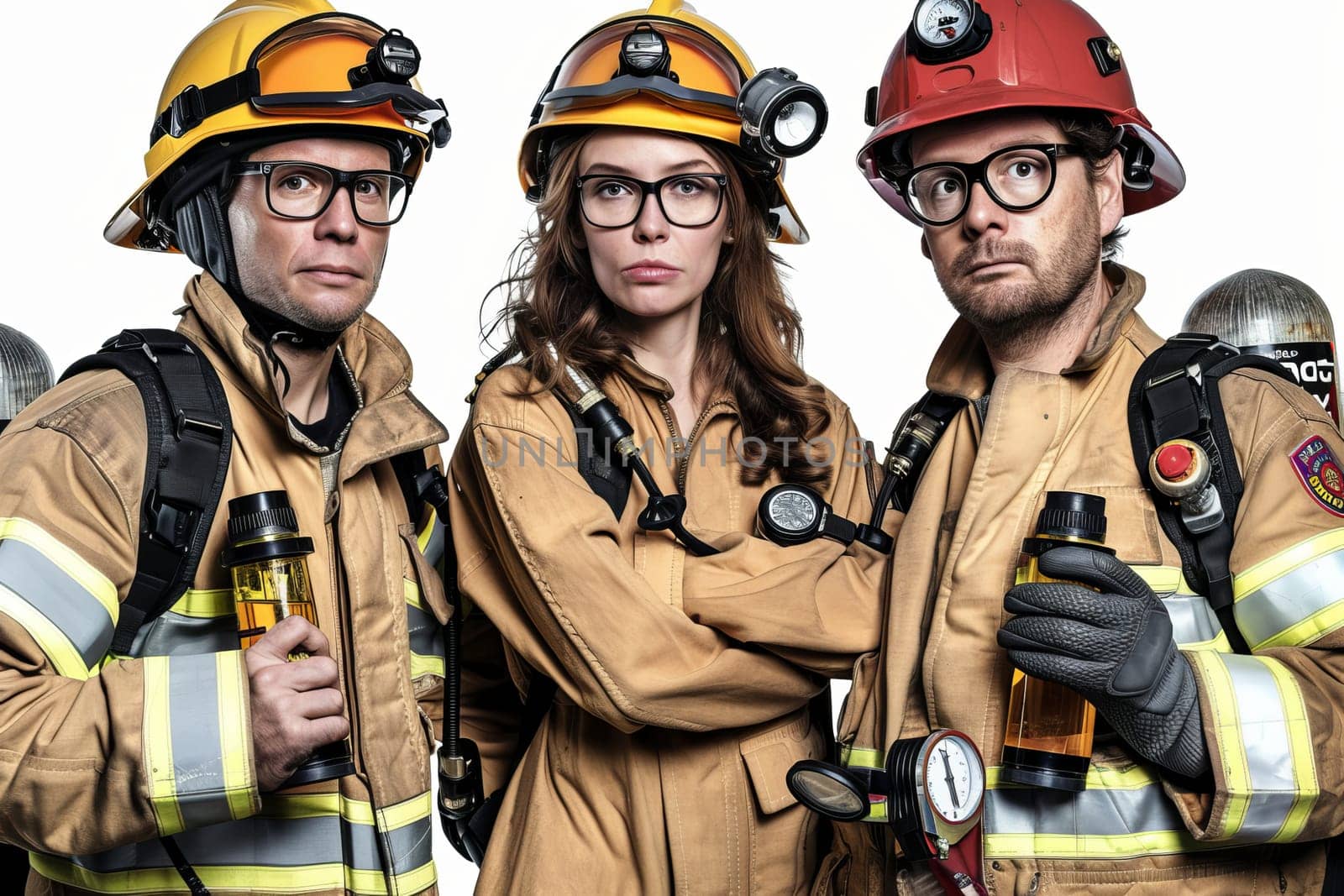 Team of firefighters in uniform with equipment and helmets ready for action.