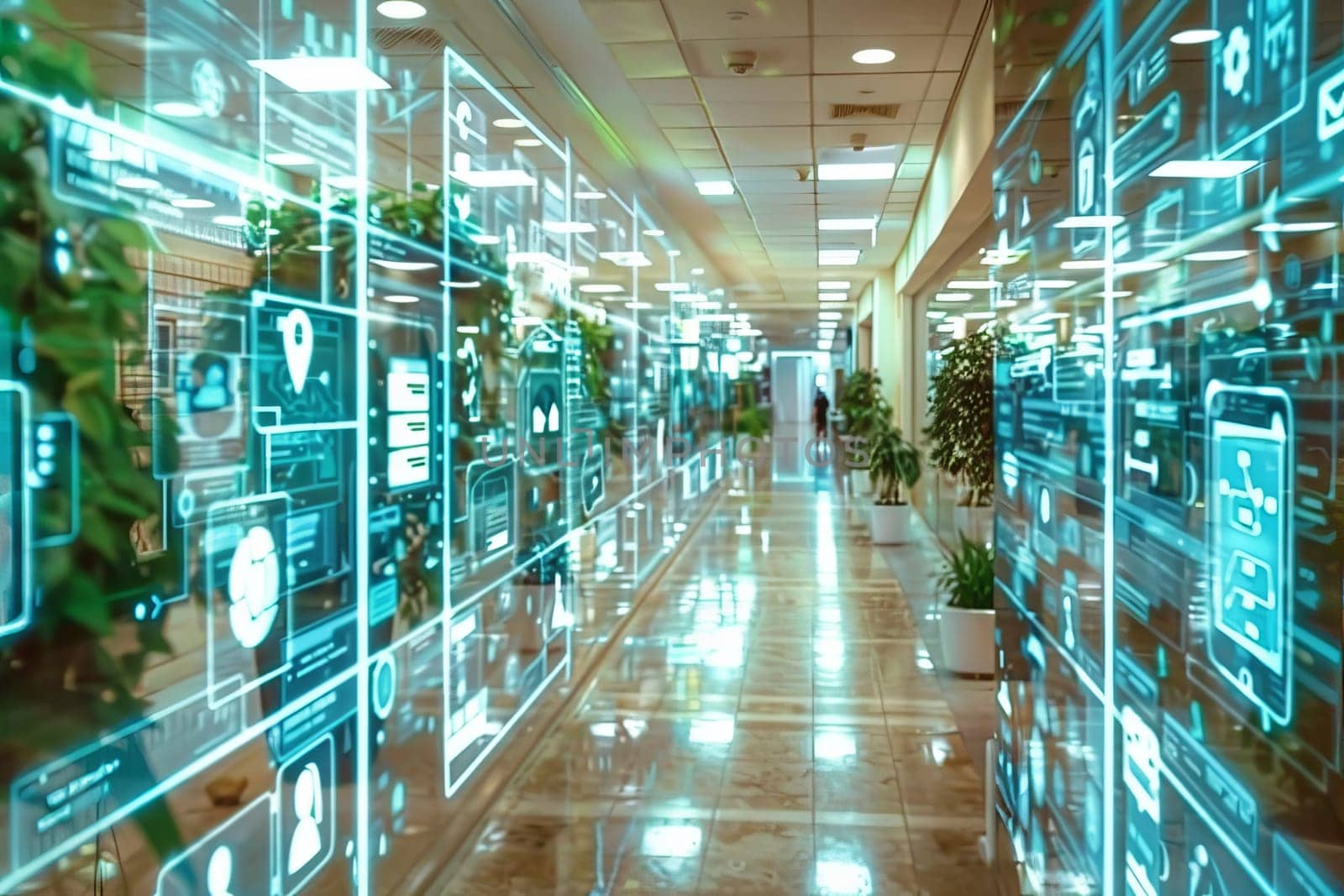 Digital innovation in modern office hallway with futuristic technology interface.