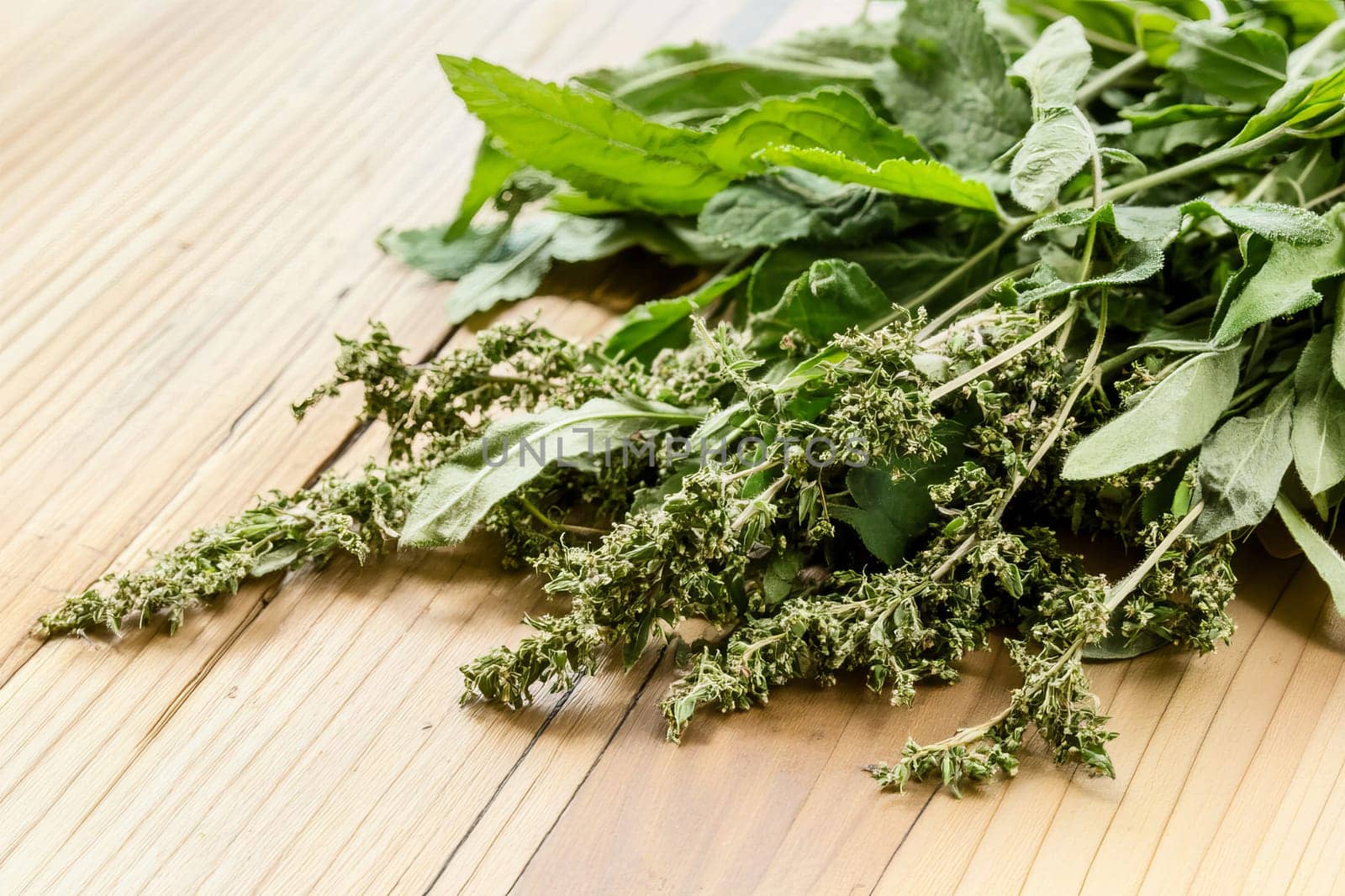 Fresh and dried herbs on wooden surface for culinary and medicinal uses