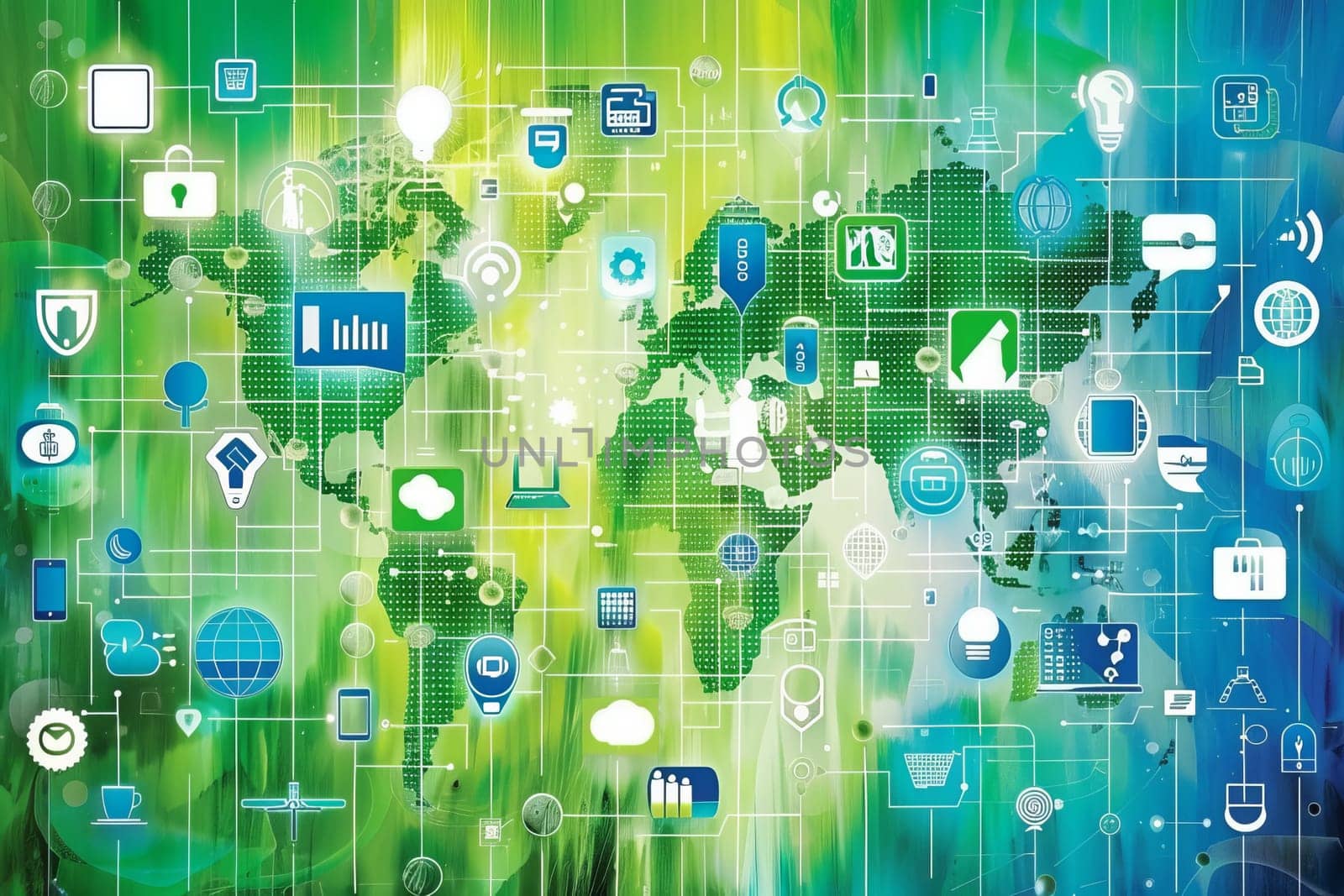 Global digital network concept with data visualization and technology icons.