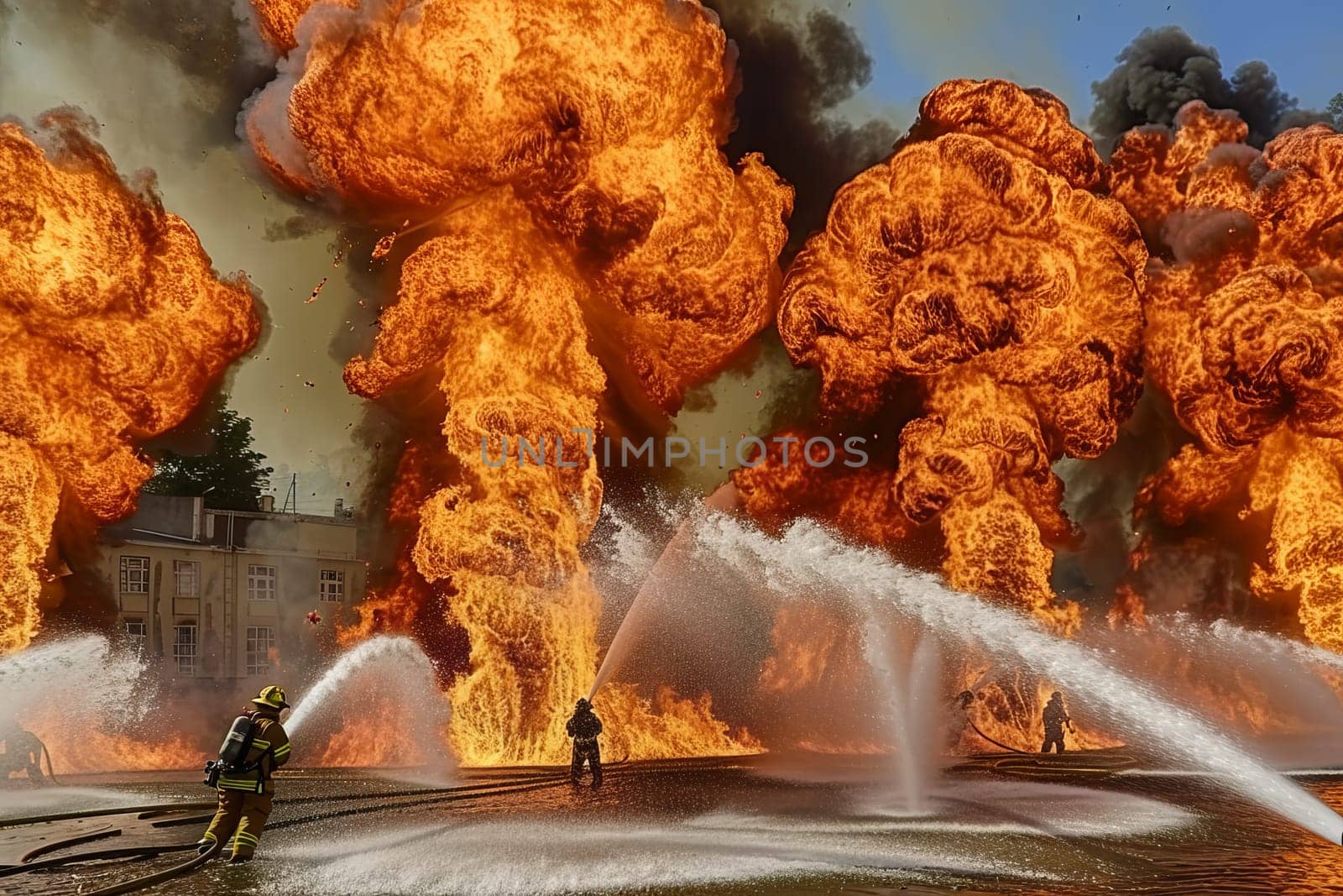Intense firefighting scene with explosive flames and water spray in urban setting.