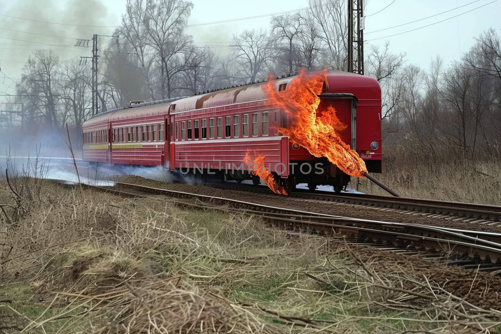 Dramatic scene of a red train on fire in rural area during overcast day.