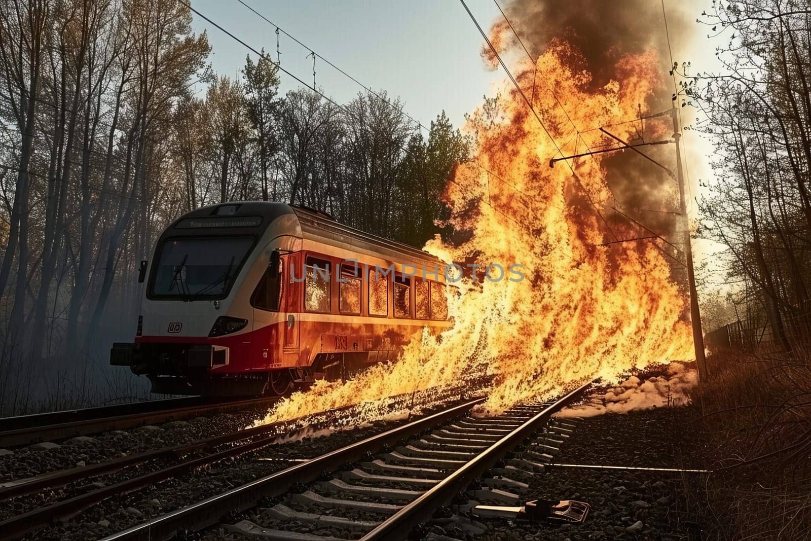Dramatic scene of train in fire emergency on railway.