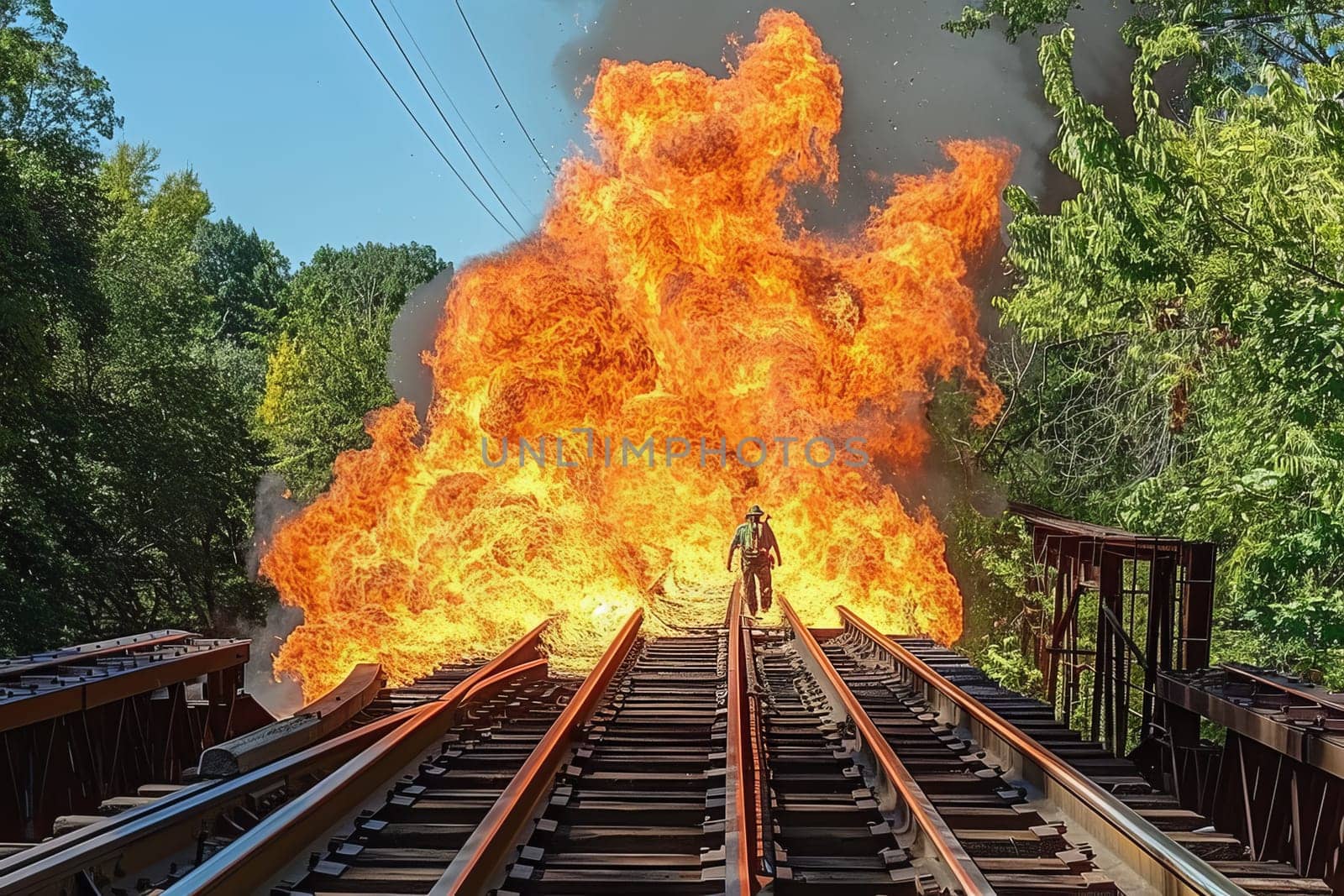 Intense fire explosion on railway track in forest environment.