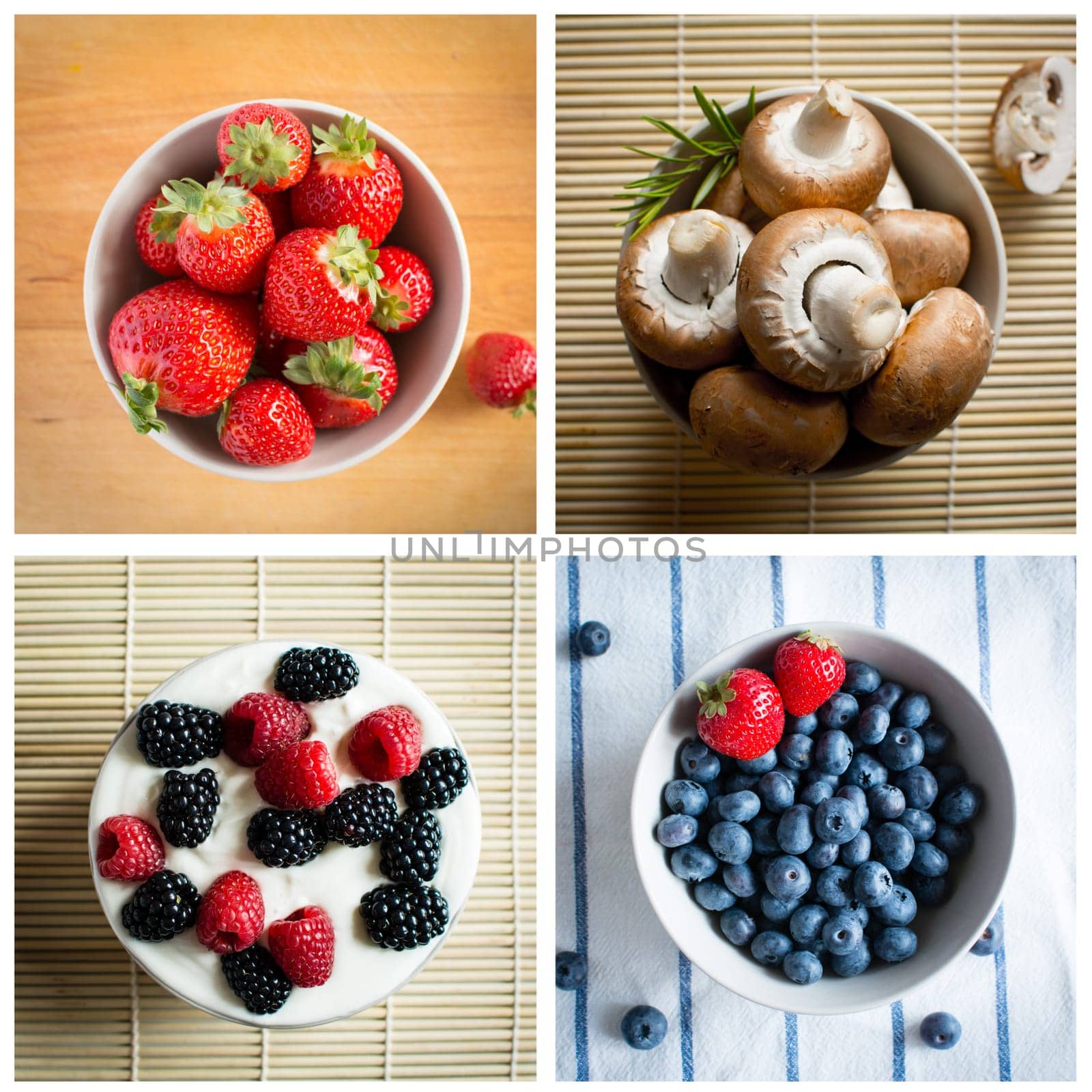 Strawberries, raspberries, bueberries and champignons