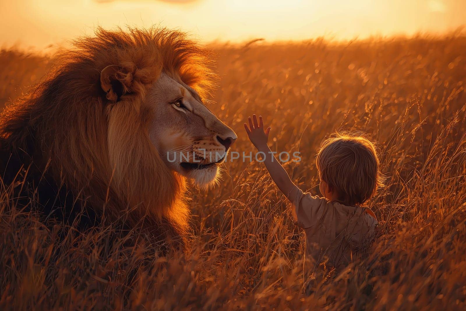 A young child reaches out to a majestic lion, capturing the essence of connection in a serene sunset landscape filled with golden light.