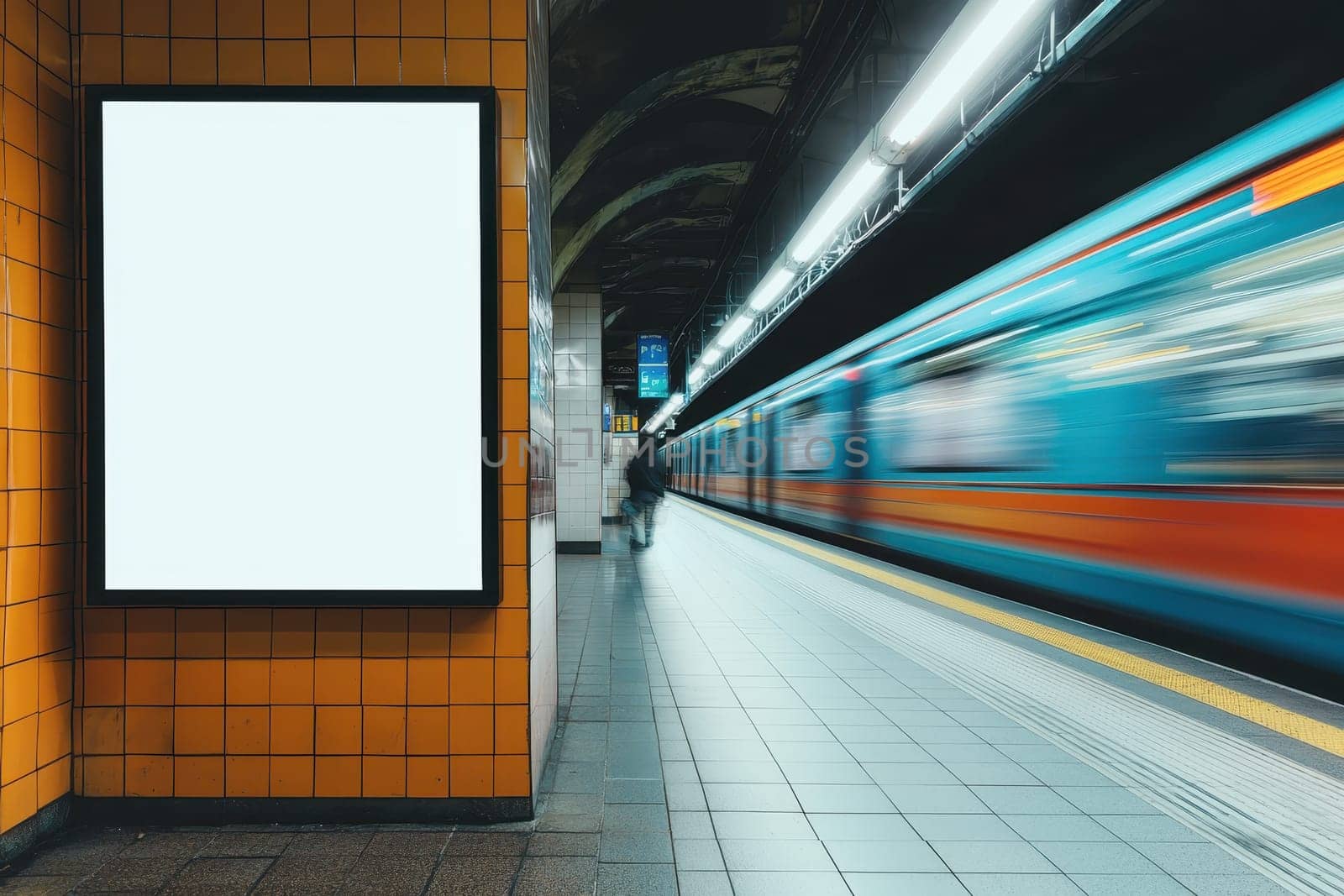 A train is passing by a white sign. The sign is empty and the train is moving quickly