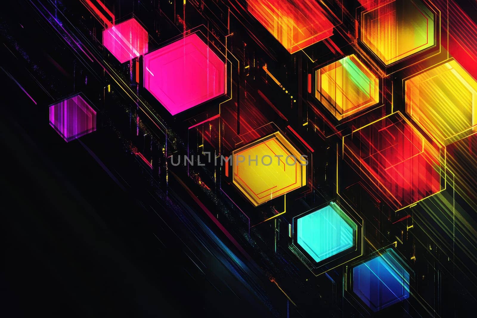 Dynamic abstract art featuring colorful hexagonal shapes on a dark background, creating a vibrant and modern visual experience. Perfect for digital themes.
