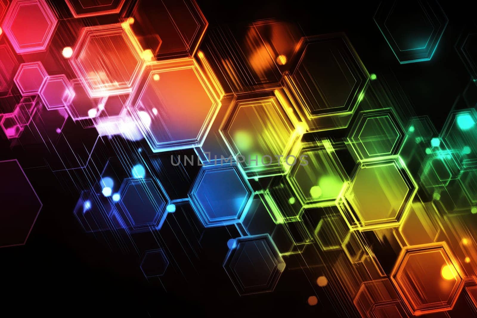 Explore this vibrant abstract background featuring geometric hexagons and light elements, perfect for modern designs and artistic projects.