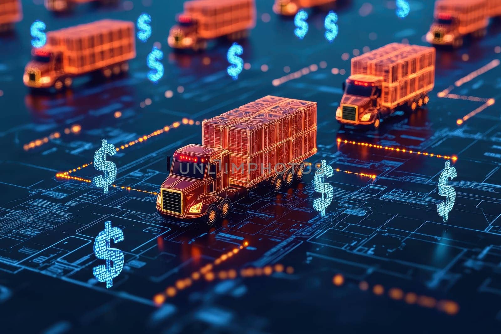 This image showcases a futuristic logistics concept with trucks and money symbols, emphasizing digital innovation in supply chain management and transportation efficiency.
