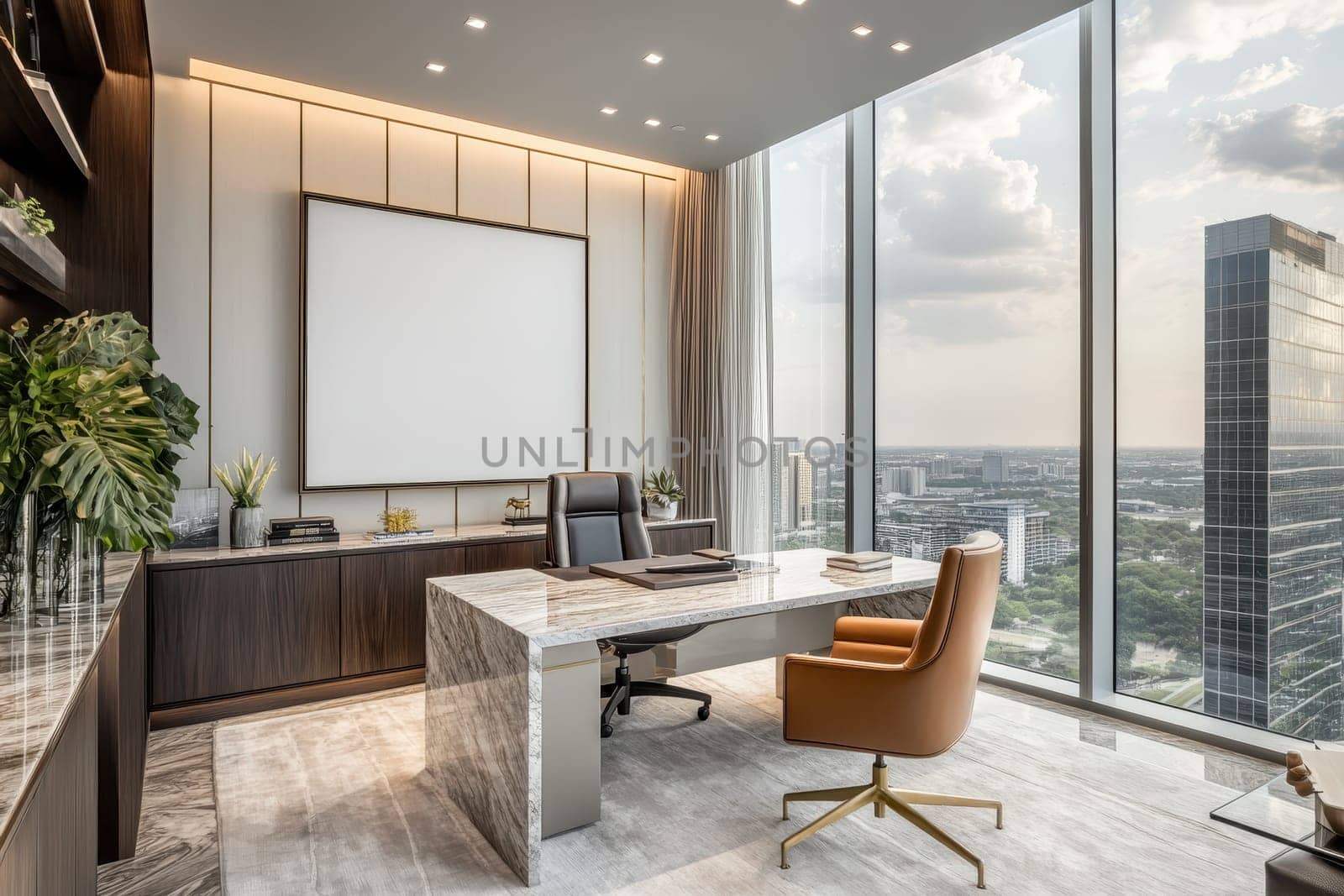 Stylish modern office interior featuring a large desk, comfortable chair, and stunning city views through floor-to-ceiling windows.