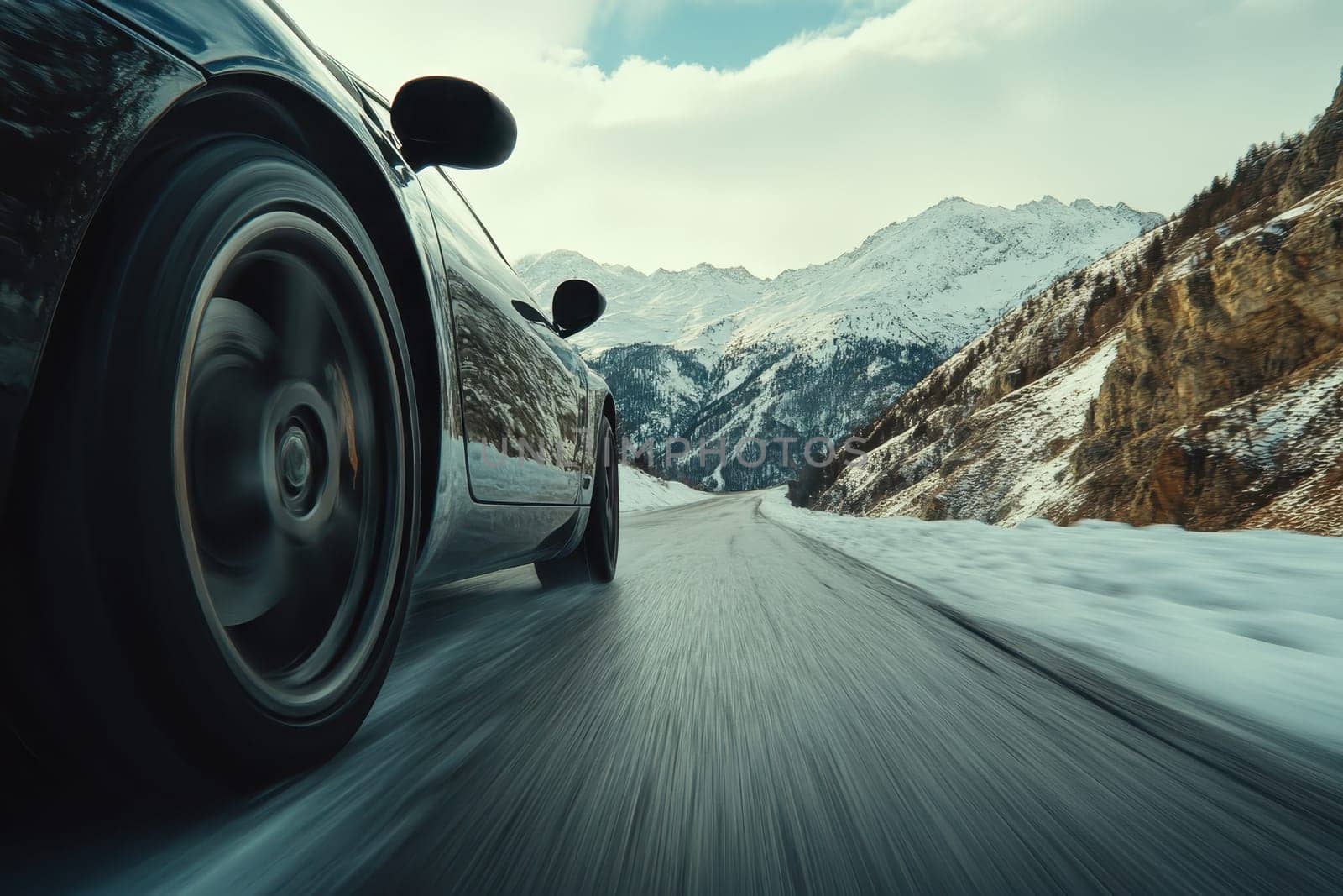 A dynamic image of a sleek sports car navigating a snowy mountain road, showcasing the thrill of winter driving. The stunning landscape features majestic peaks and serene skies.