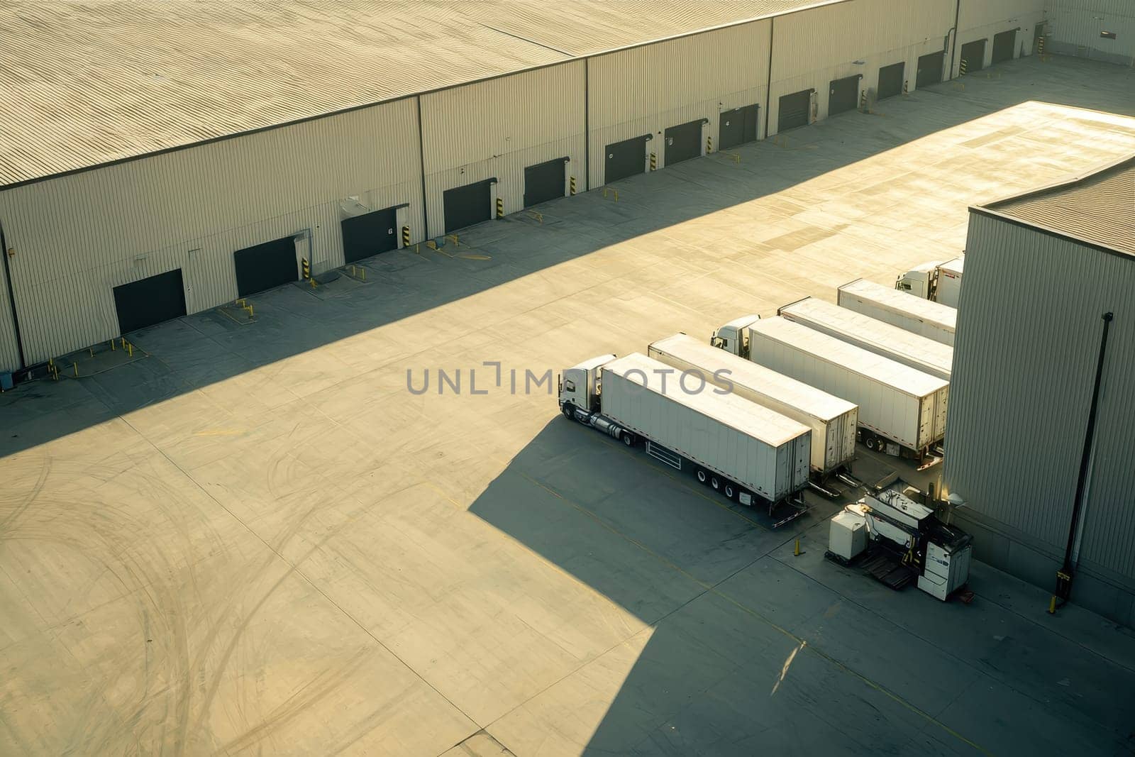 Aerial view showcases loading docks with trucks parked outside a warehouse. Bright daylight enhances the industrial environment of logistics operations.