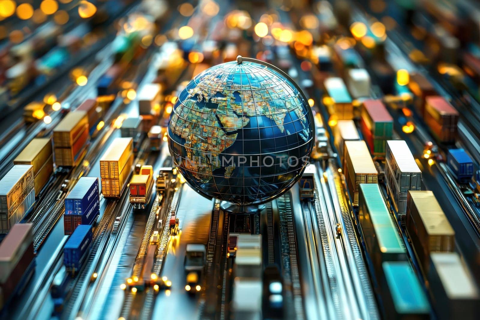 A striking image of a globe representing global trade surrounded by colorful freight containers and city lights, symbolizing international logistics and connectivity.