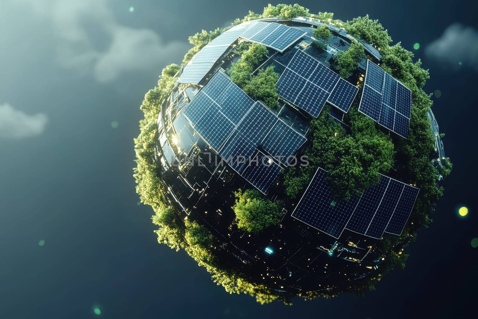 A captivating image of a green planet adorned with solar panels and lush vegetation, showcasing a harmonious blend of technology and nature that promotes sustainability.