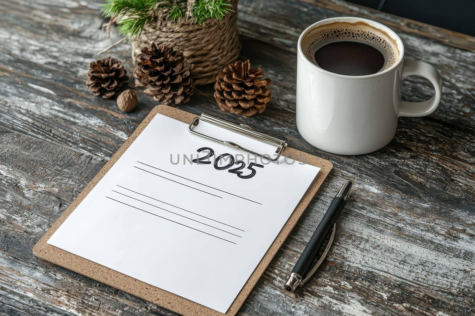 A cozy workspace scene featuring a coffee mug, a clipboard for 2025, and pinecones, creating a perfect blend of relaxation and productivity for planning.