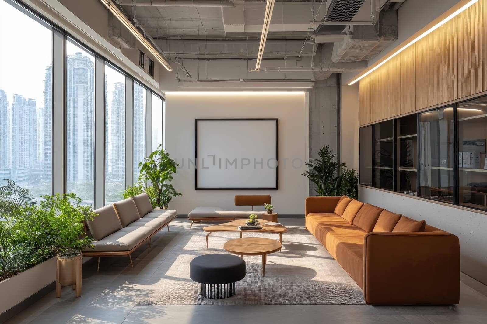 A modern office lounge featuring large windows that offer a stunning urban view. The space includes comfortable seating, lush greenery, and a cozy atmosphere.