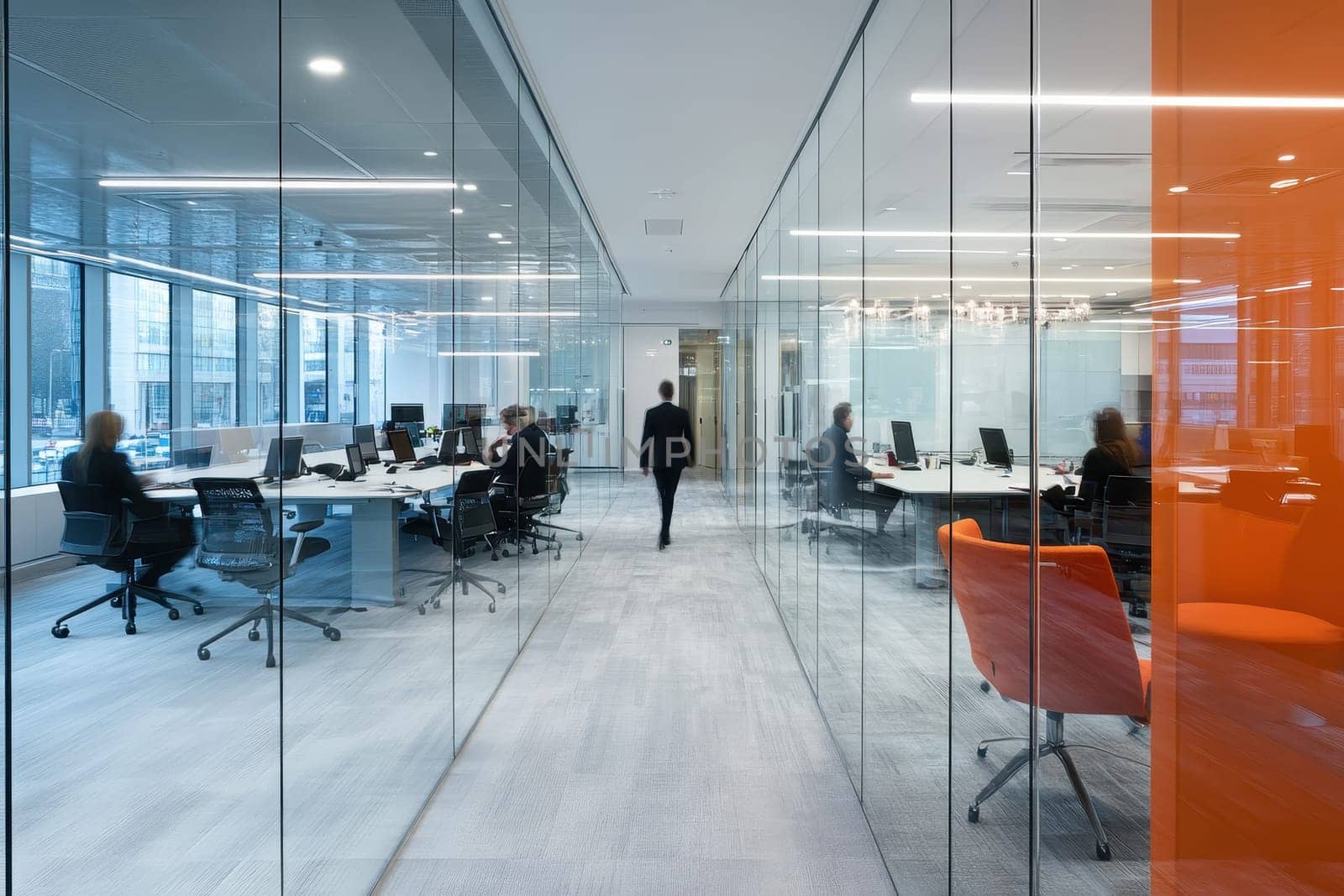 A contemporary office interior featuring glass walls and elegant furniture, designed for collaboration and productivity. A vibrant work environment.