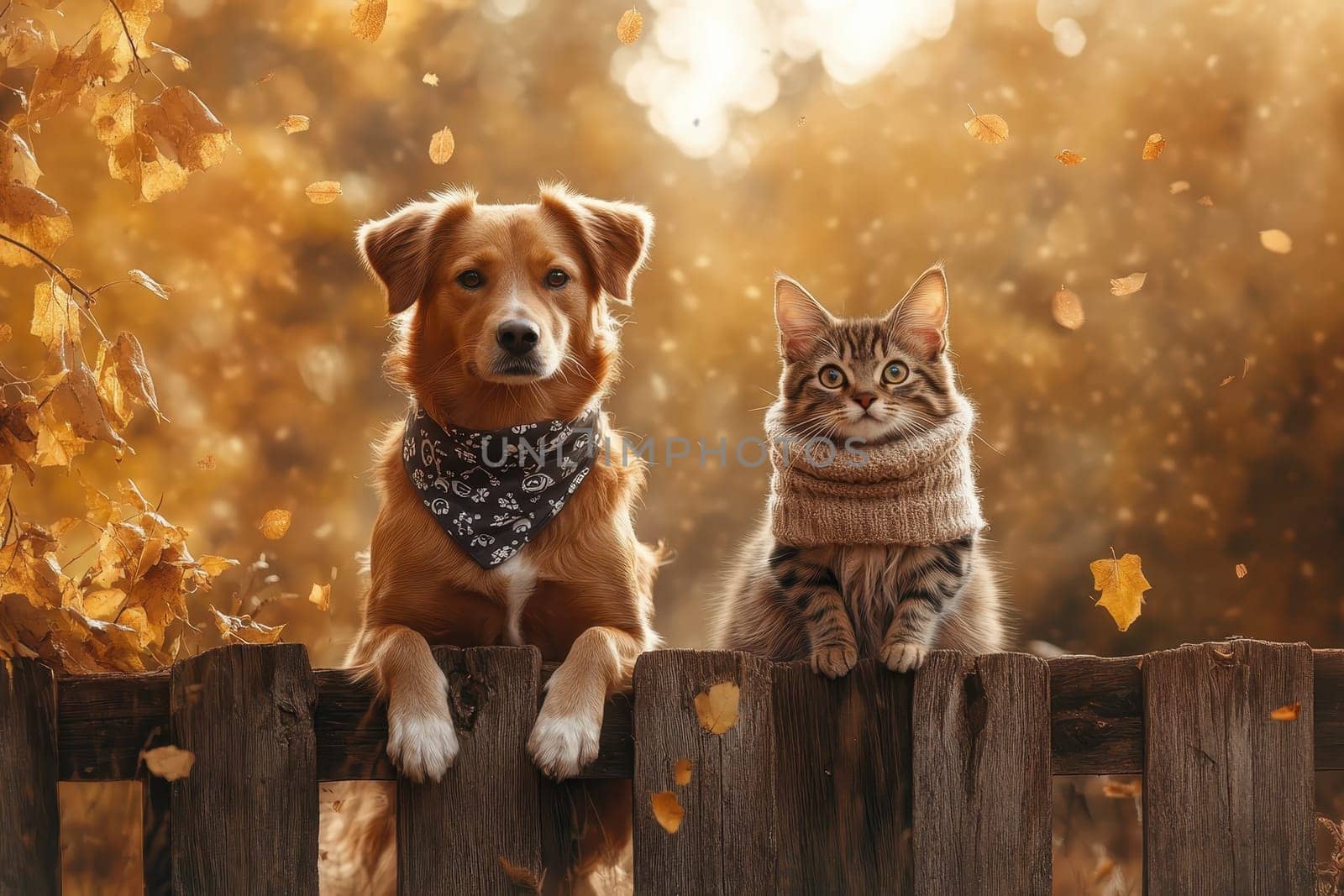 A charming scene featuring a friendly dog and a cute cat perched on a wooden fence, surrounded by vibrant autumn leaves. Enjoy the essence of companionship.