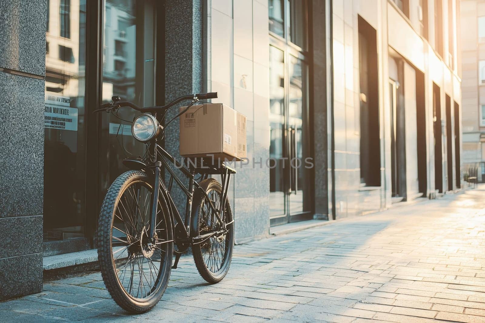 A classic bicycle rests against a city building, carrying a package under warm sunlight. Capture the essence of urban delivery and vintage charm.