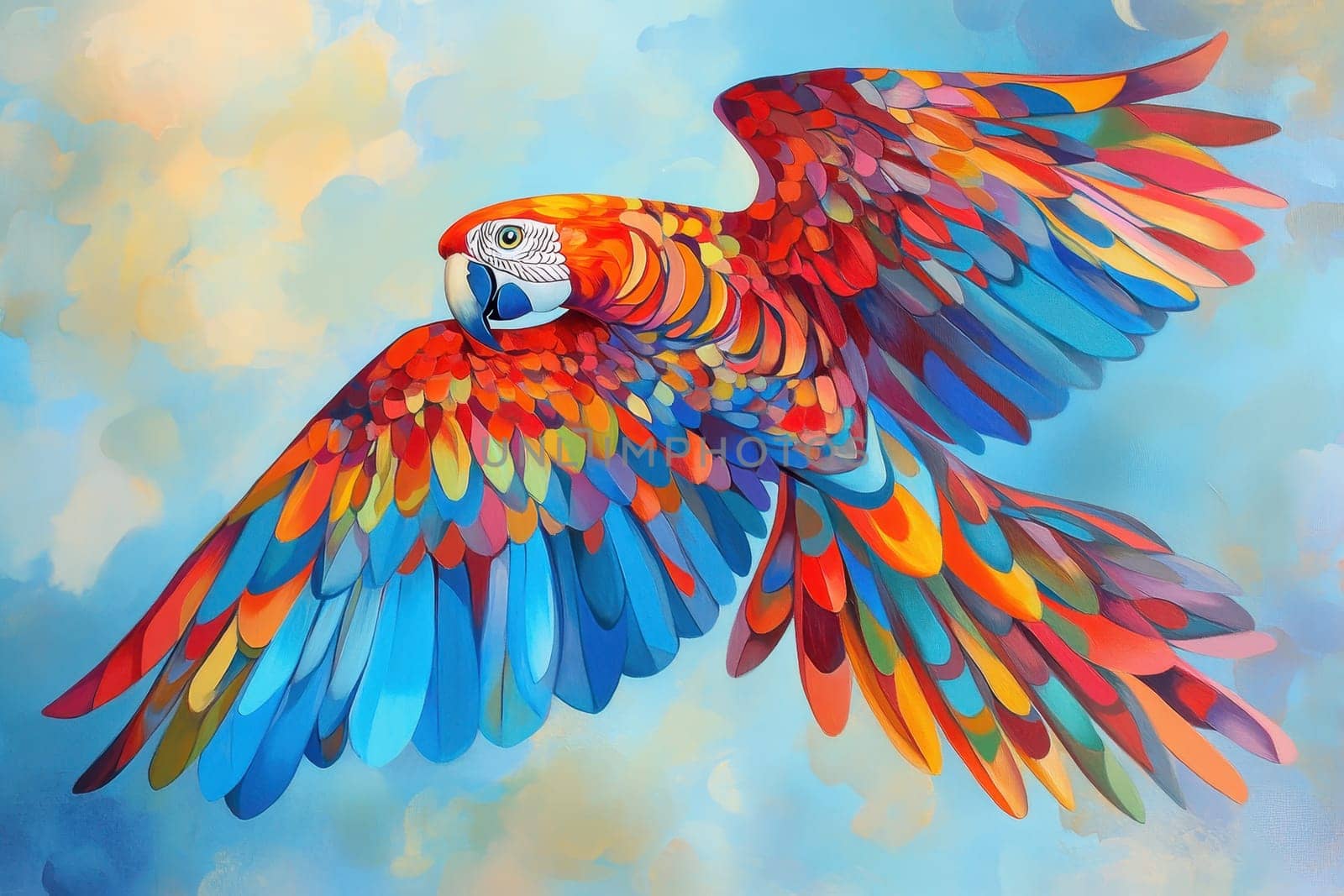 A stunning illustration of a vibrant colorful parrot soaring gracefully through a dreamy blue sky, showcasing its intricate feathers and lively spirit.