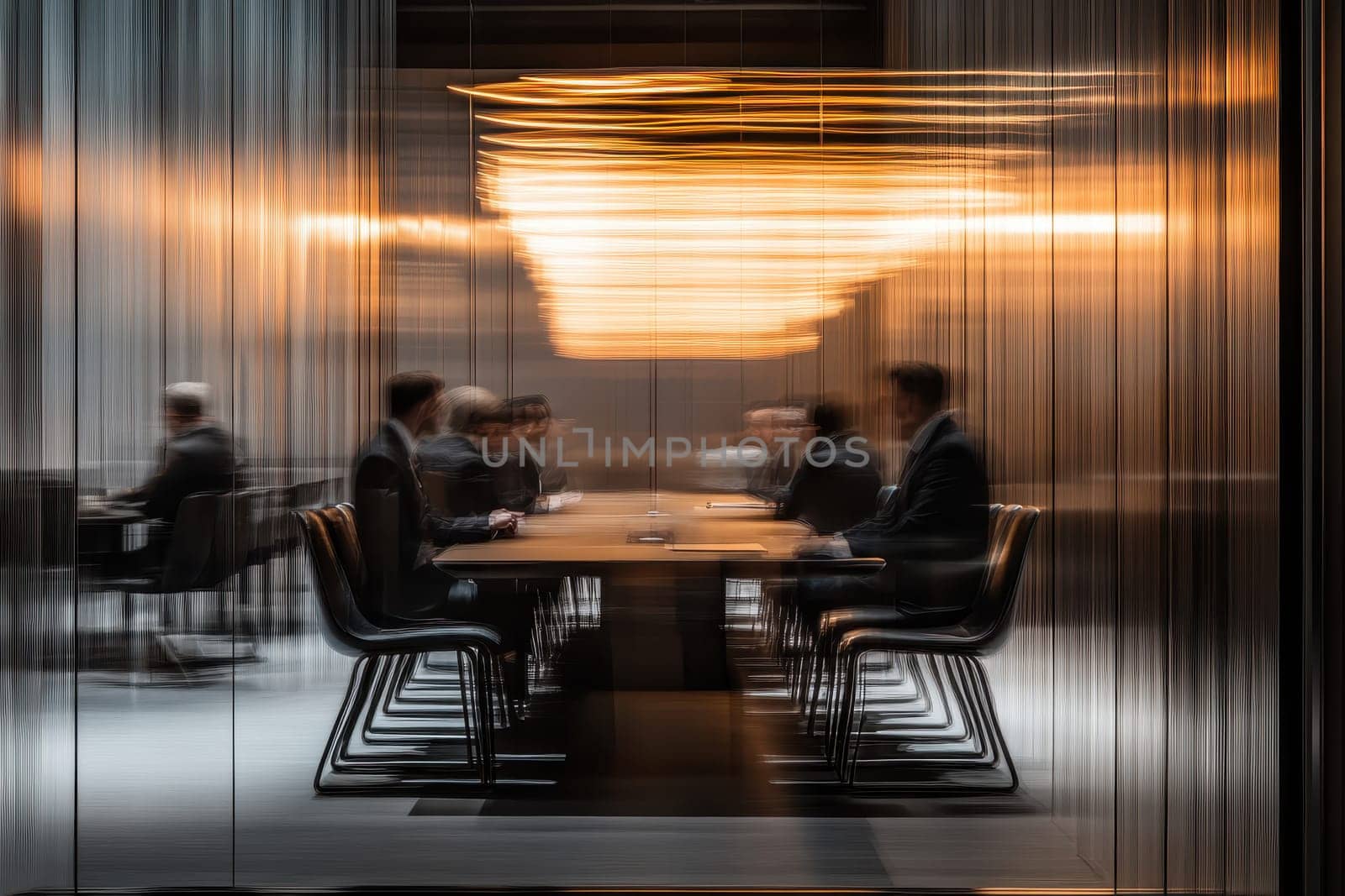A blurred image of a business meeting in a modern office, featuring professionals seated around a table under warm golden light, capturing an ambience of focus and collaboration.