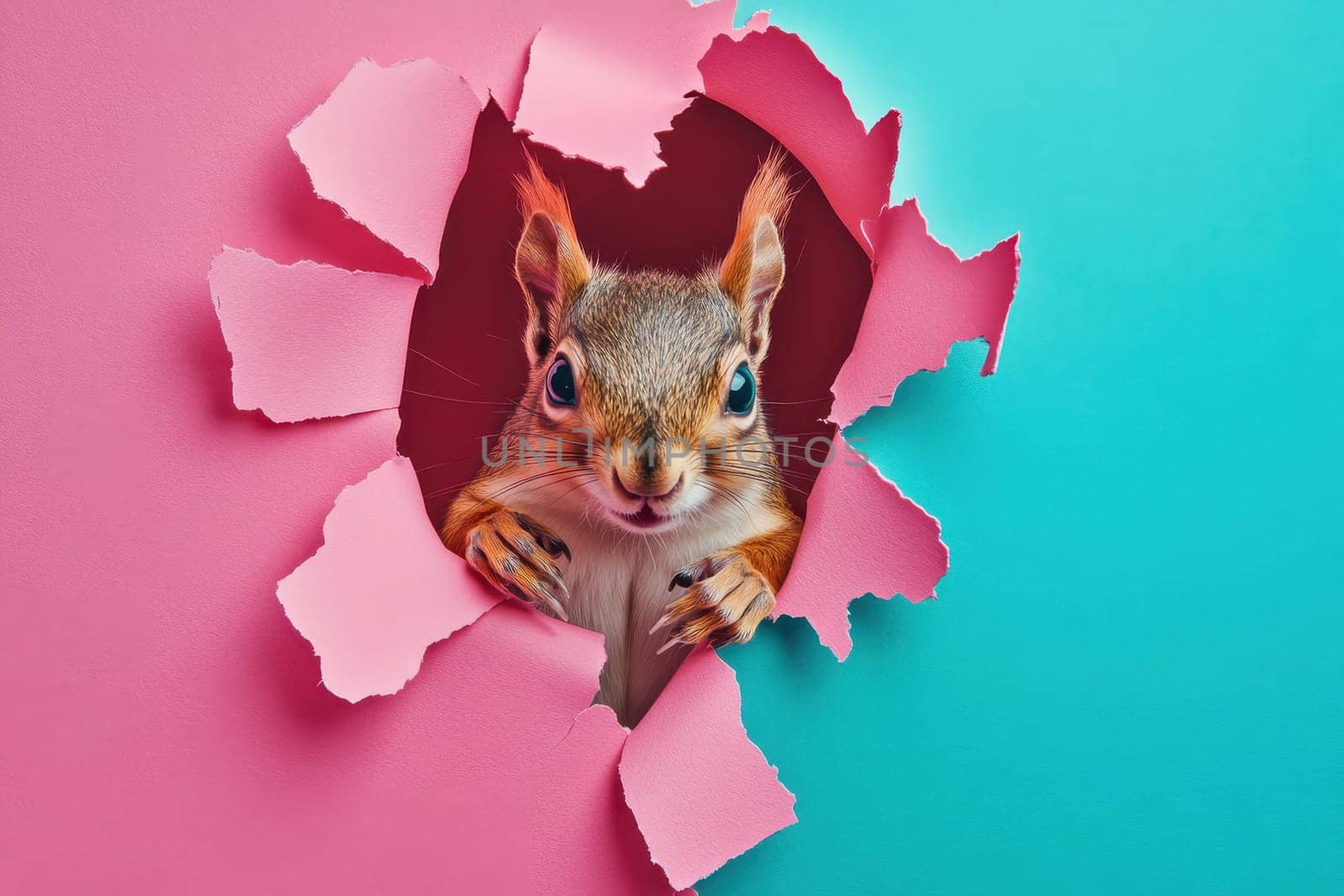 A cheerful squirrel peeks through a vibrant torn paper hole in pink and teal colors, showcasing its adorable expression and playful personality.