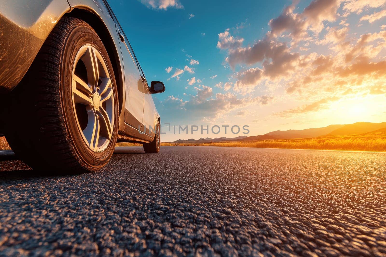 A striking close-up of a car tire on a smooth asphalt road during a breathtaking sunset. The vibrant sky contrasts beautifully with the serene landscape, conveying a sense of adventure.