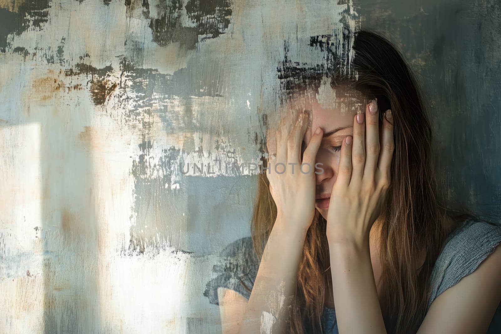 A young woman expresses deep emotion with her hands on her face, set against a textured wall. The image evokes feelings of sadness and introspection.