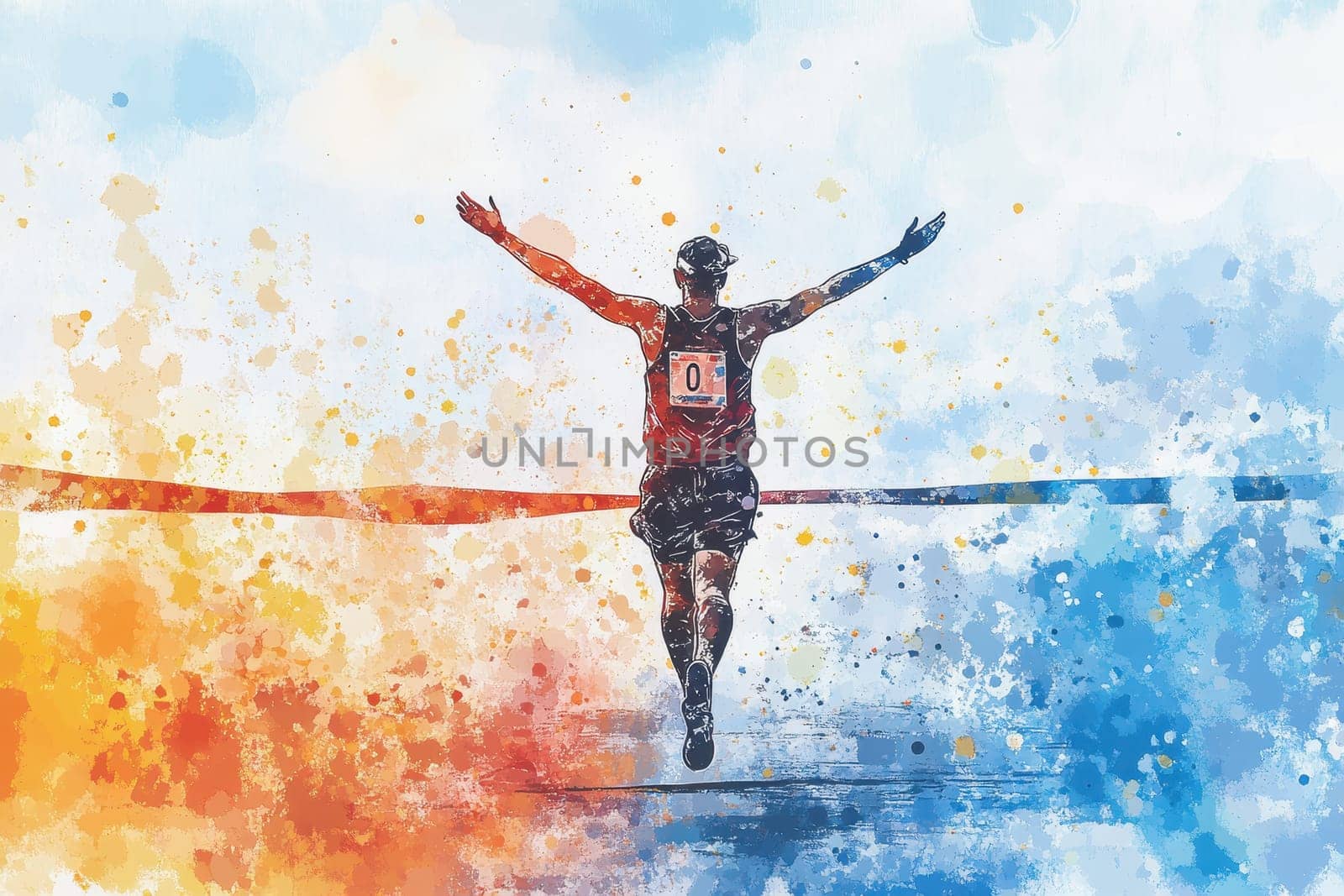 A vibrant and energetic illustration of a runner crossing the finish line, celebrating victory with paint splashes in colorful hues.