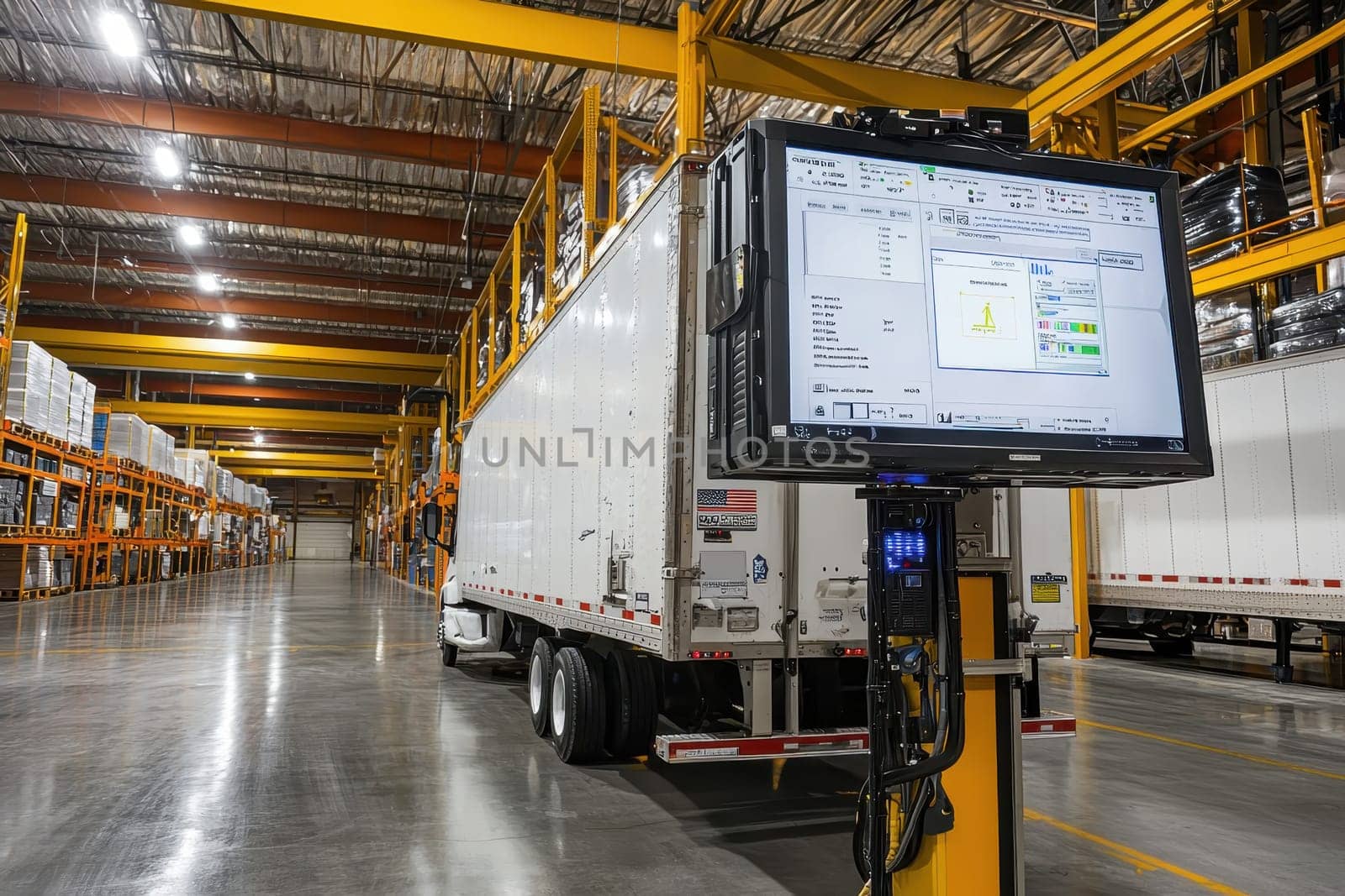 A spacious warehouse showcasing a high-tech monitor that displays crucial logistics data beside a refrigerated truck, highlighting efficiency in operations.